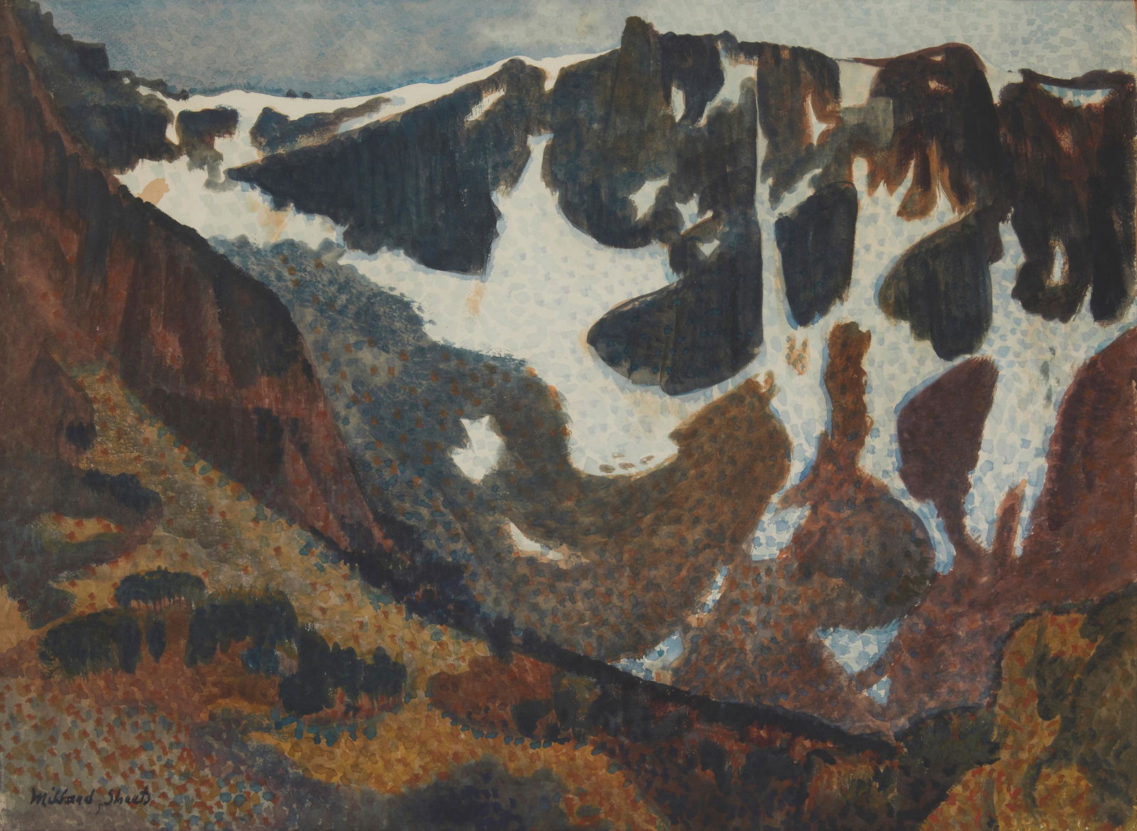 Millard Owen Sheets (1907-1989, Gualala, CA): "'The Mountain' - High Sierras," 1968 Watercolor on thick wove paper under glass Signed lower left: Millard Sheets; signed again, titled and dated on the backboard Image/Sheet: 22.75" H x 31.375" W