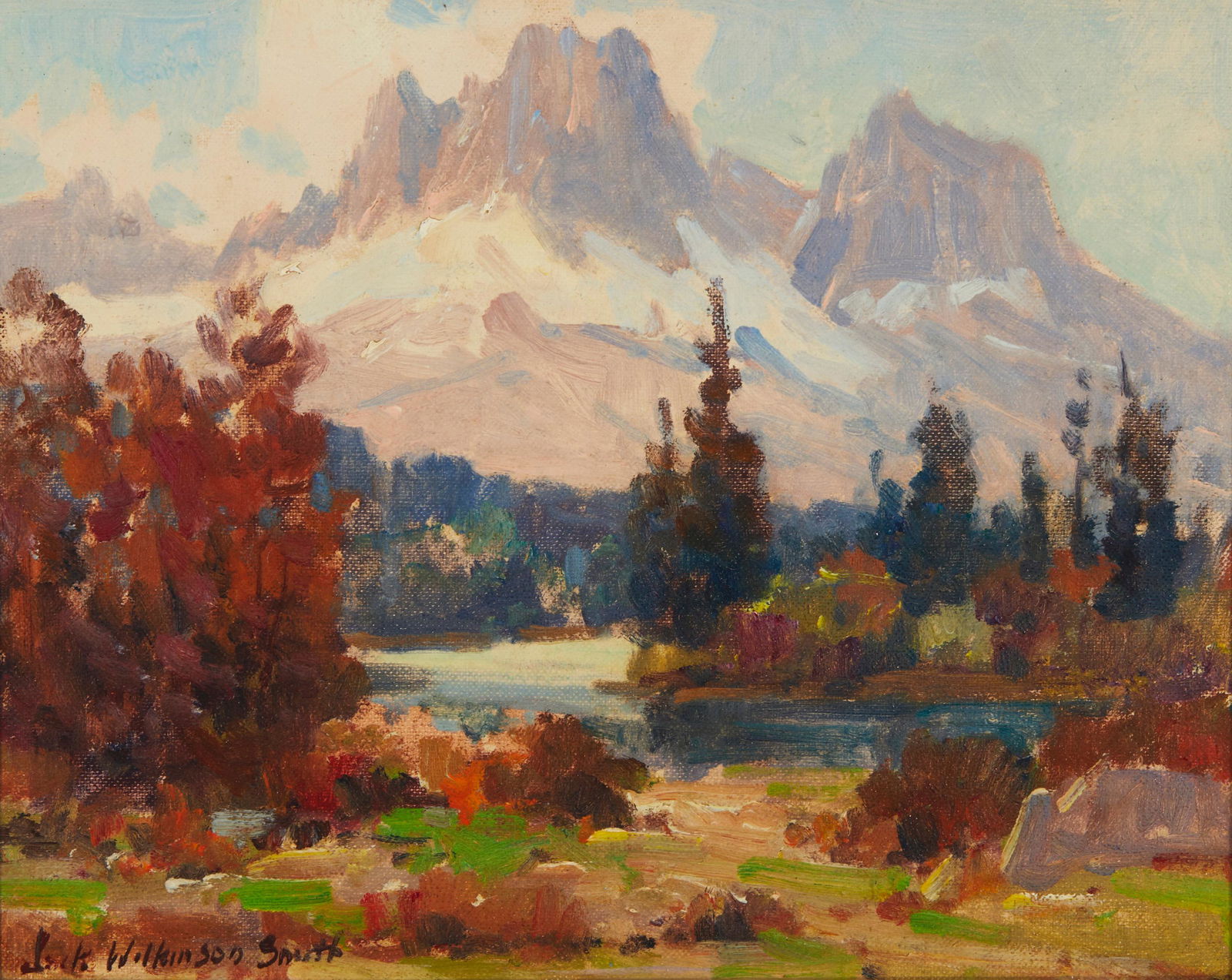 Jack Wilkinson Smith (1873-1949, Alhambra, CA): River in a mountain landscape Oil on canvas board Signed lower left: Jack Wilkinson Smith 8" H x 10" W Provenance: Private Collection, Southern California