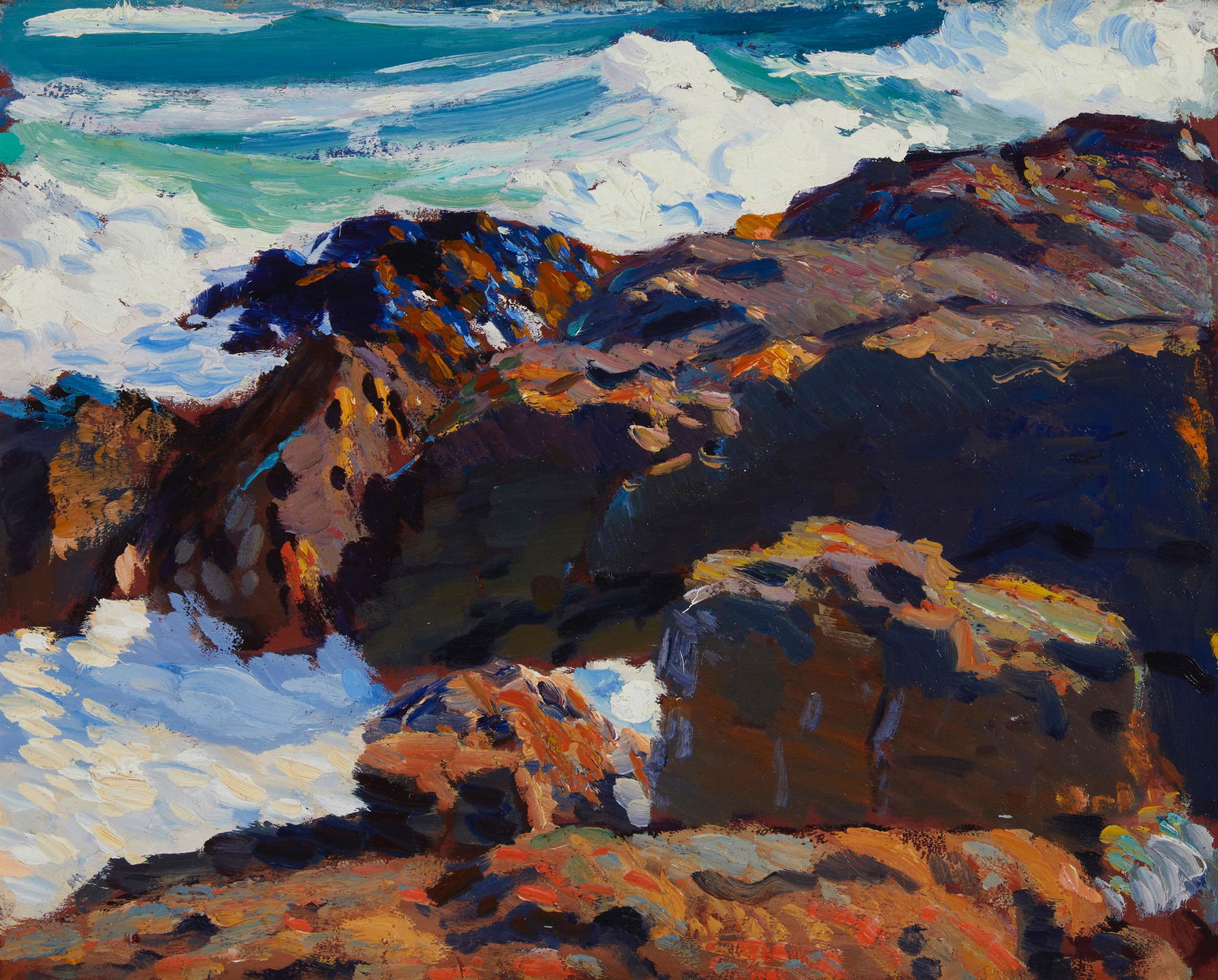 Paul Dougherty (1877-1947, Carmel, CA): "A Freshening Gale" Oil on panel Unsigned, titled verso 12.75" H x 16" W Provenance: The Godwin Gallery, Pepperell, MA Trotter Galleries, Carmel, CA Private Collection, Southern California