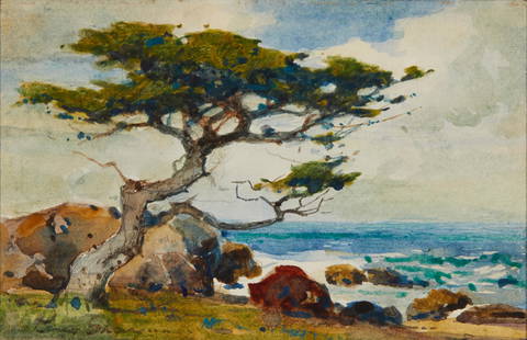 Percy Gray (1869-1952, San Francisco, CA): "Cypress on the Monterey Coast"  Watercolor on paper laid to board under glass  Signed lower left: Percy Gray; titled on a gallery label affixed to the backing paper  Sheet: 4" H x 6" W   Provenance: