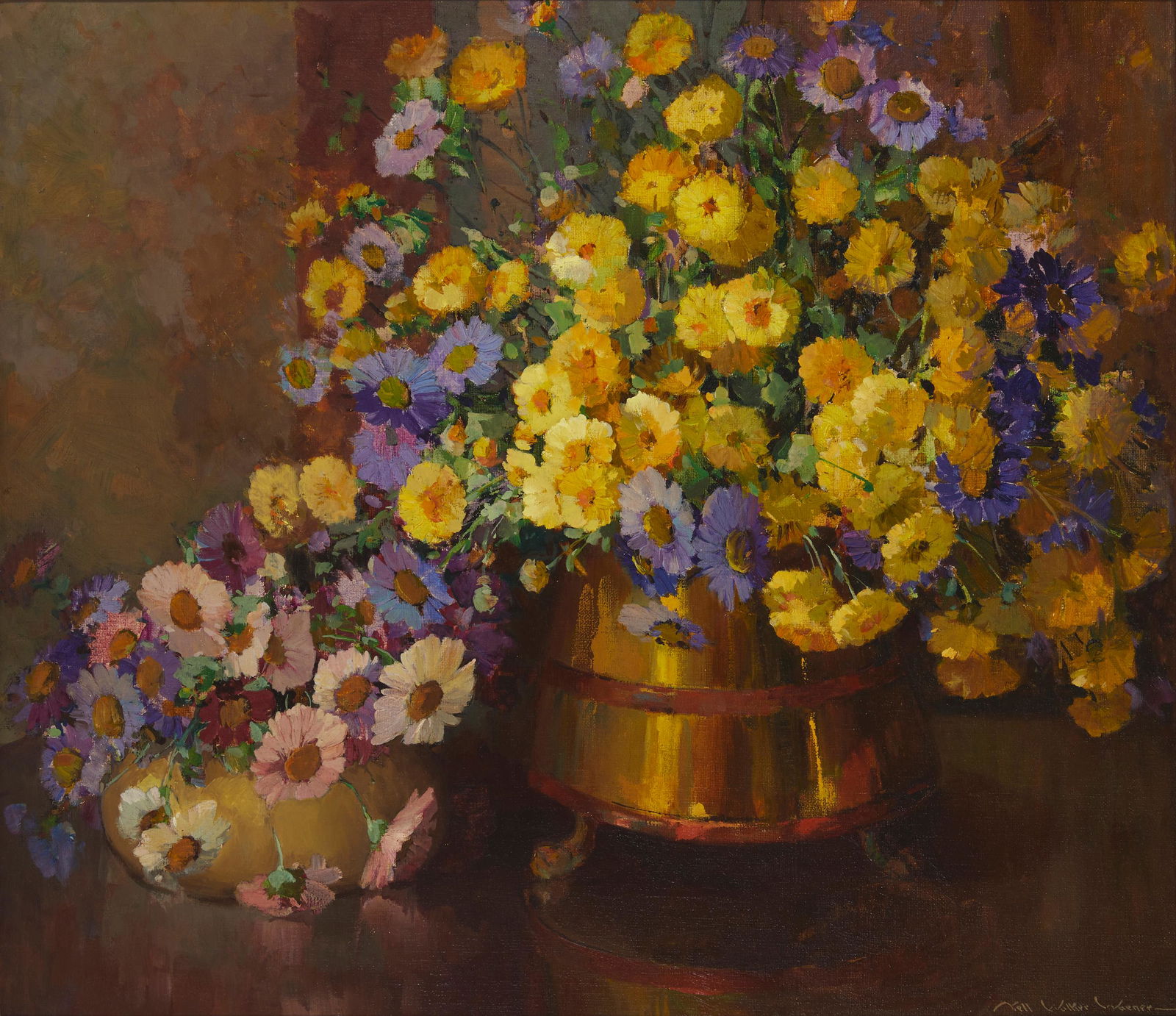 Nell Walker Warner (1891-1970, Carmel, CA): "Flower Shower" Oil on canvas Signed lower right: Nell Walker Warner; signed again and titled on the stretcher 26" H x 30" W Provenance: William A. Karges Fine Art, Santa Monica, CA Private Coll