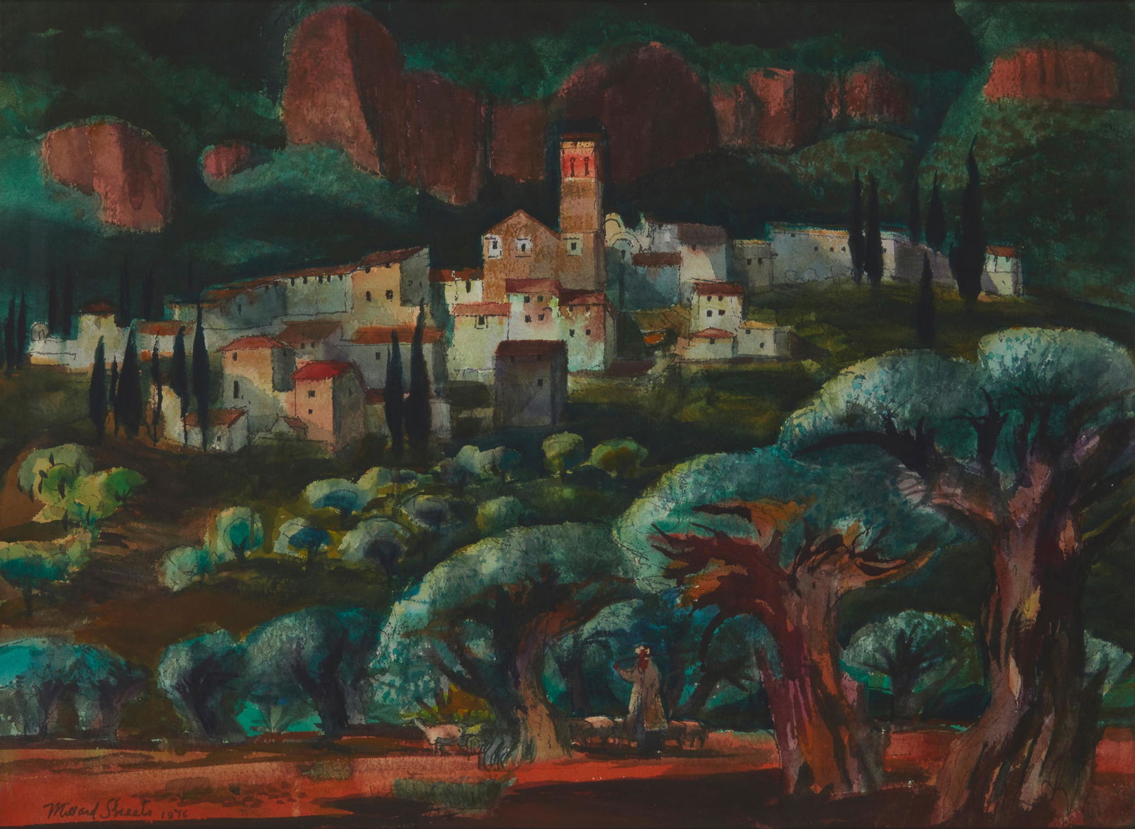 Millard Owen Sheets (1907-1989, Gualala, CA): "'Hilltown and Ancient Olives' Northern Spain," 1976 Watercolor on Arches wove paper under glass Signed and dated lower left: Millard Sheets; signed again, titled and dated on the backboard Image/S