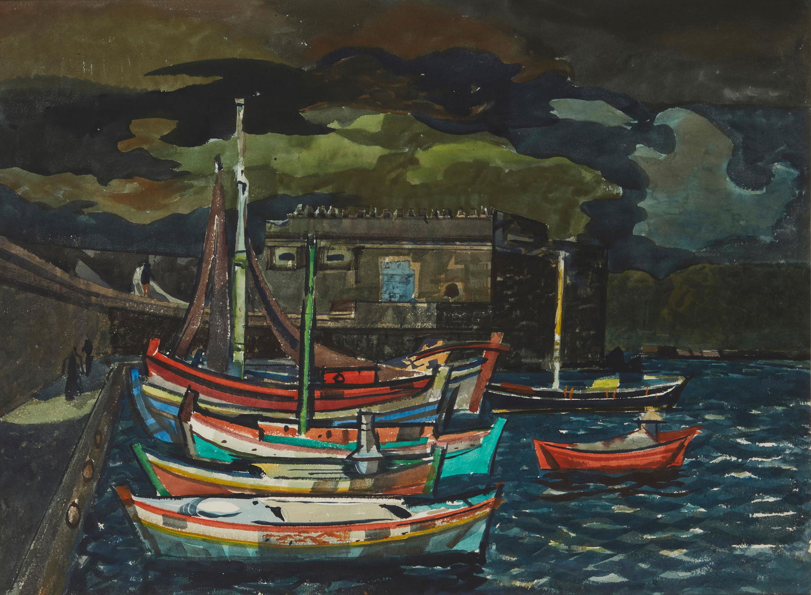 Millard Owen Sheets (1907-1989, Gualala, CA): "Isle of Crete," 1971 Watercolor on thick wove paper under glass Signed lower right: Millard Sheets; titled on a gallery label affixed to the backboard Sight: 21.75" H x 29.75" W Provenance: Dalz