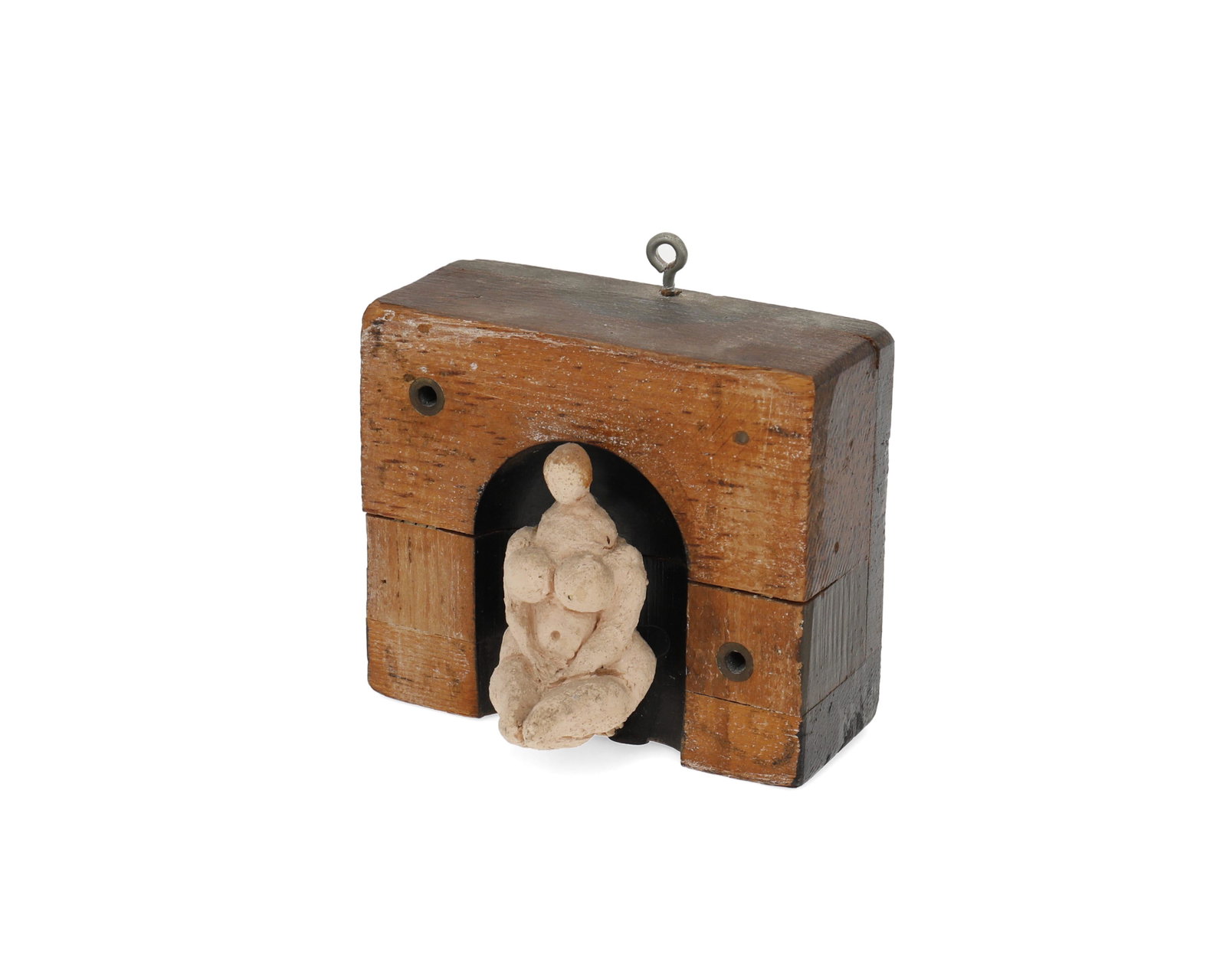 Maxine Kim Stussy (b. 1923, American): Untitled Clay, paint, and reclaimed wood Initialed in paint: MKS 4.375" H x 4.5" W x 3.25" D