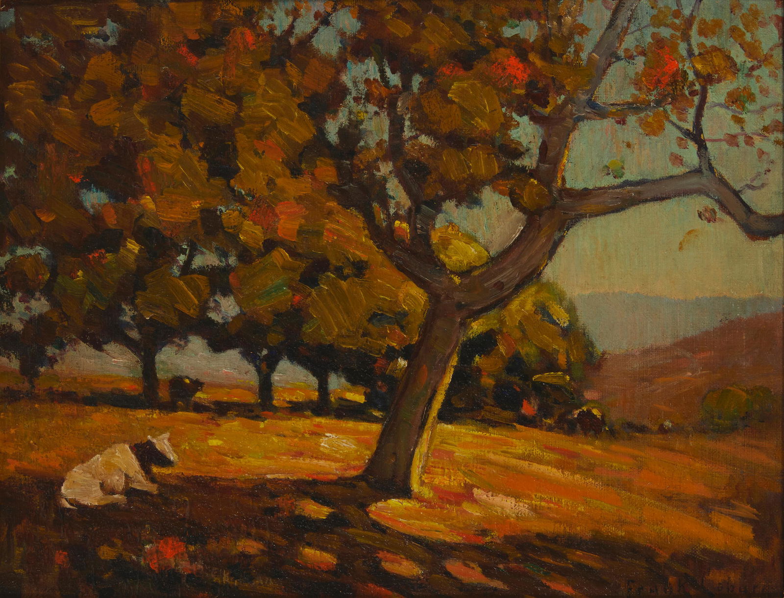 Frank Coburn (1862-1938, Santa Ana, CA): "Santiago Canyon (Oaks, Cattle)," circa1925-30 Oil on canvas board Signed lower right: Frank Coburn; titled and dated on a gallery label affixed verso 15" H x 19.75" W Provenance: Orr's Gallery,