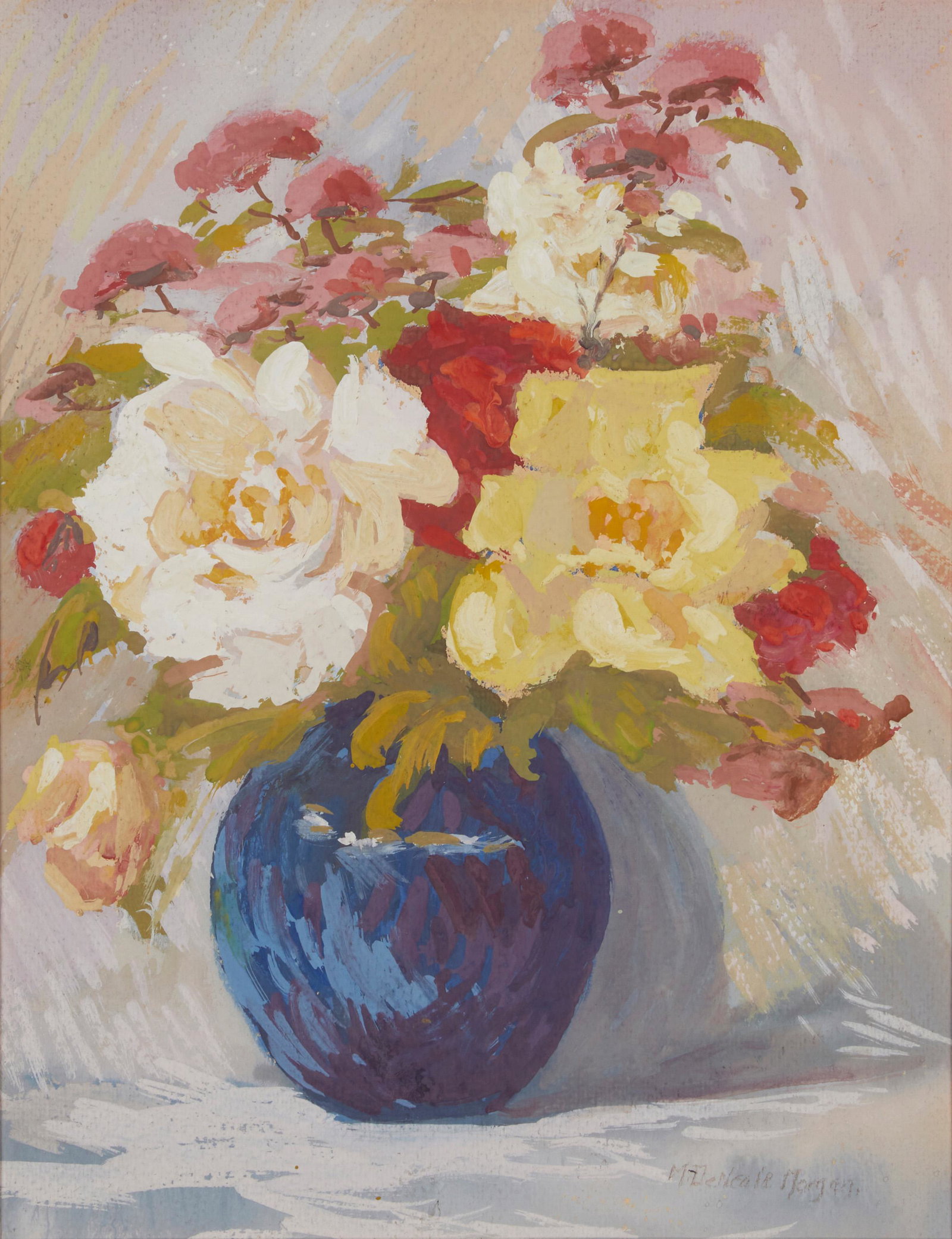 Mary DeNeale Morgan (1868-1948, Carmel, CA): Still life Tempera on paper under Plexiglas Signed lower right: M. DeNeale Morgan Sight: 12.5" H x 9.75" W Provenance: Trotter Galleries, Carmel, CA Private Collection, Southern California
