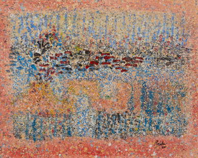 Channing Peake (1910-1989, Santa Barbara, CA): "Harbor of La Paz," 1962 Gouache on wove paper under glass Signed and dated lower right: Peake; titled on a gallery label affixed to the backboard Sheet/Image: 19.75" H x 25.625" W 