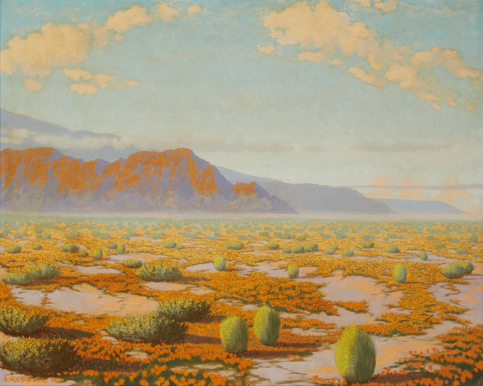 Ludwick Kuszewski (1886-1960, Polish/American): "Morning in California Desert," 1941 Oil on canvas Signed and dated lower left: L. Kuszewski; titled on a label affixed verso 24" H x 30" W Provenance: The Estate of Jane Reisman and Neil Peter Jampol