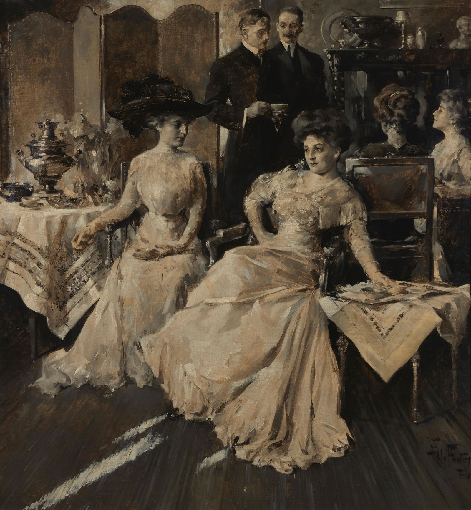 William Frederick Foster A.N.A. (1883-1953, New York,: "Teatime" Oil en grisaille on canvas Signed and inscribed lower right: To Abbie From Will Foster 38" H x 35" W Literature: Phyllis Settecase Barton, "William Frederick Foster, A.N.A.: Portrait of