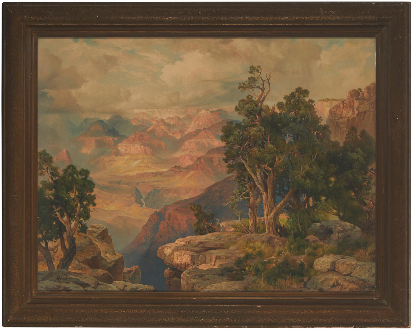 After Thomas Moran (1837-1929, Santa Barbara, CA): "The Grand Canyon of Arizona, from Hermit Rim Road," 1913 Chromolithograph on paper under glass; Atchison, Topeka and Santa Fe Railway Company, prntr; American Lithographic Company, pub. With the si
