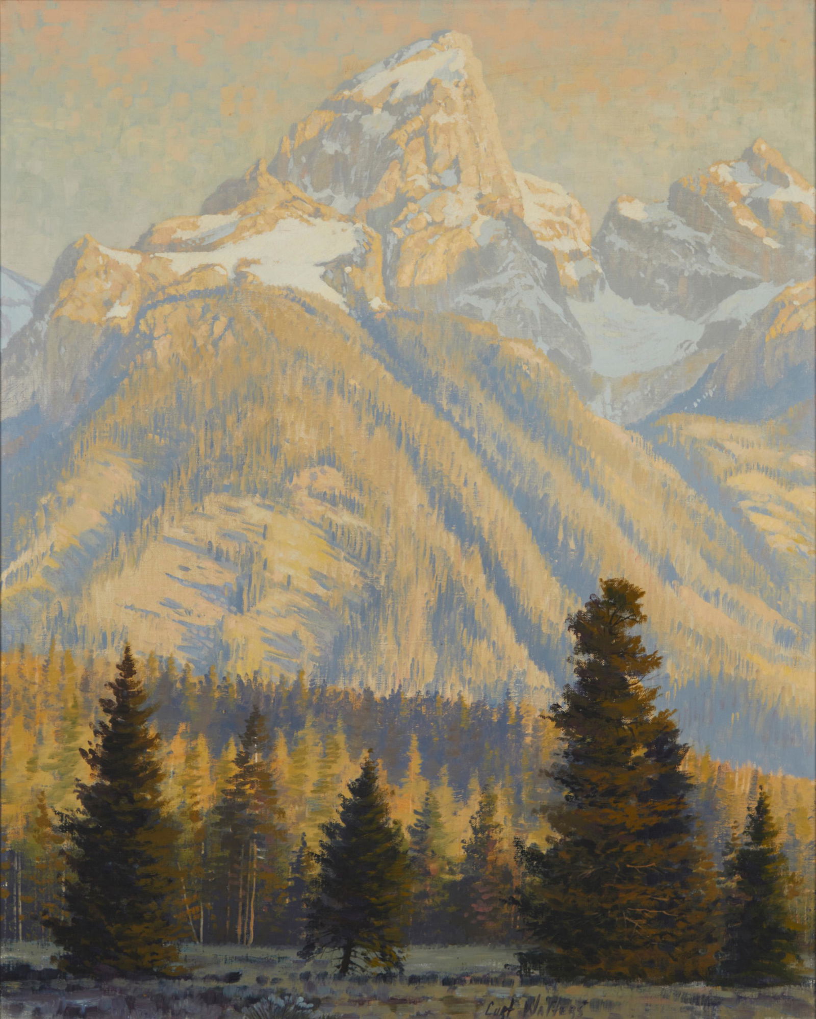 Curt Walters (b. 1950, Sedona, AZ): "The Grand Teton" Oil on canvas Signed lower right: Curt Walters; titled on the stretcher, inscribed in another hand verso 30" H x 24" W Provenance: Altermann Galleries & Auctioneers, Santa Fe, N