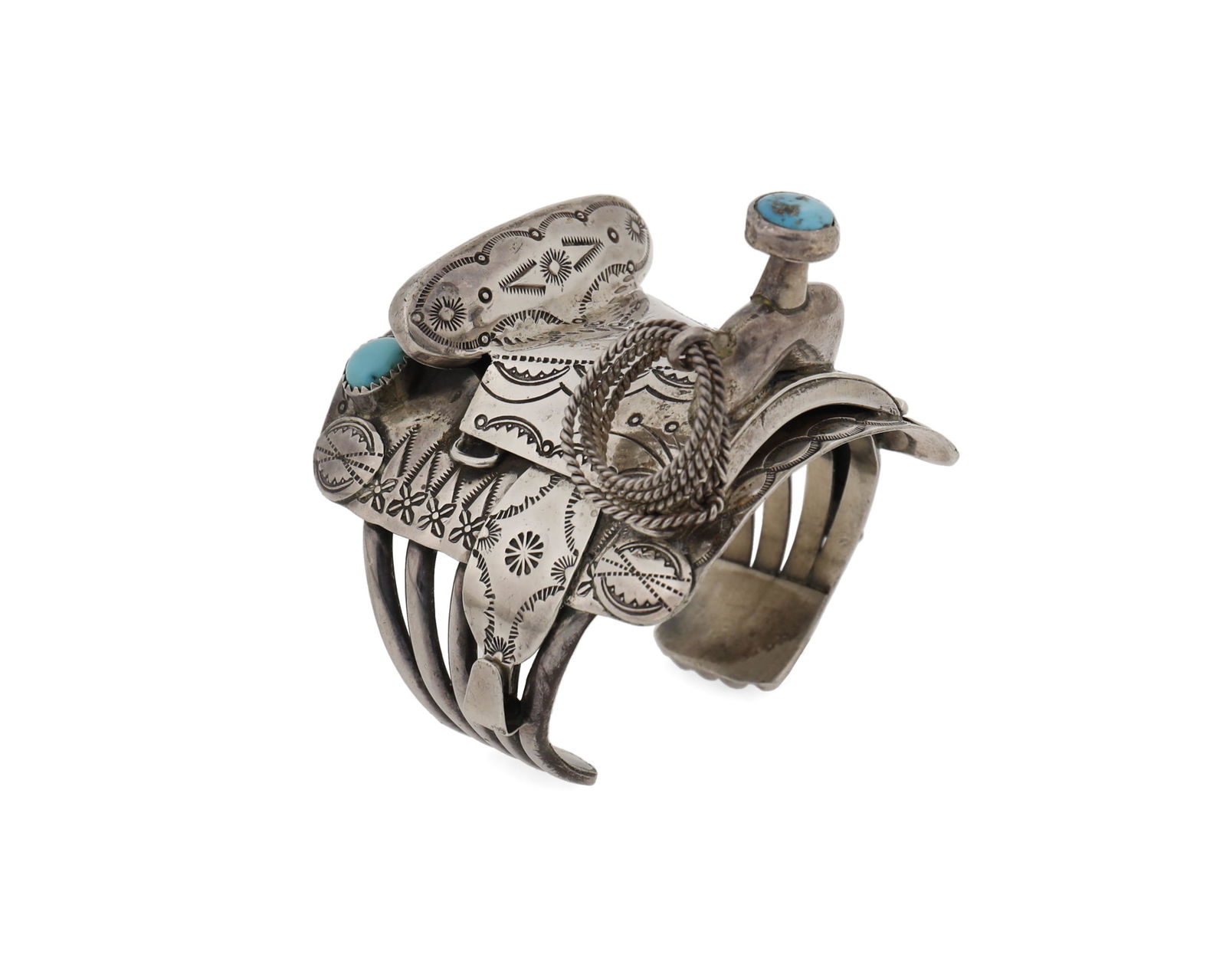 A silver saddle cuff bracelet with turquoise pommel (1 of 3)
