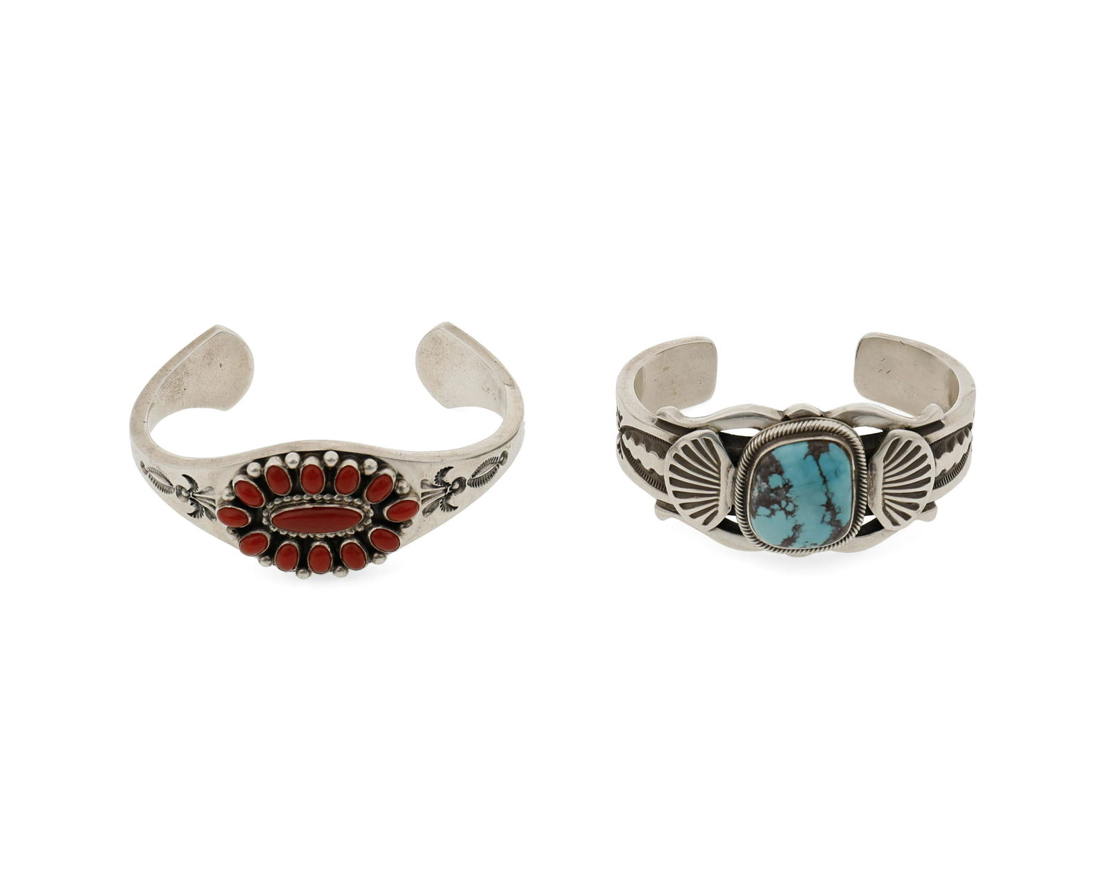 Two Navajo sterling cuff bracelets: Second-Half 20th Century Two works: A Terry Martinez Navajo cuff set with central turquoise stone and flanked with applied silver designs and stampwork Stamped: TM [for Terry Martinez, Dine] / Ste