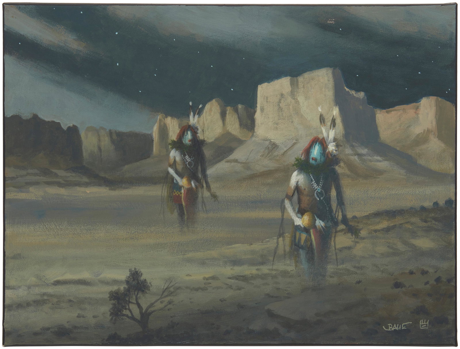 Allen Bahe (b. 1959, Dine): "Yei Spirits (Navajo)" Acrylic on canvas Signed lower right: Bahe [with the artist's device]; signed again and titled verso 12" H x 16" W