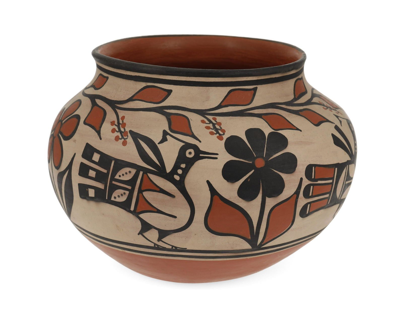 A large Robert Tenorio Kewa pottery vessel: (b. 1950, Santo Domingo/Kewa Pueblo) Signed: Robert Tenorio / Santo Domingo Pueblo N.M. / [incised stars and sun cipher] The large pot with polychrome Zia-style birds and flowers 9" H x 12" Dia.