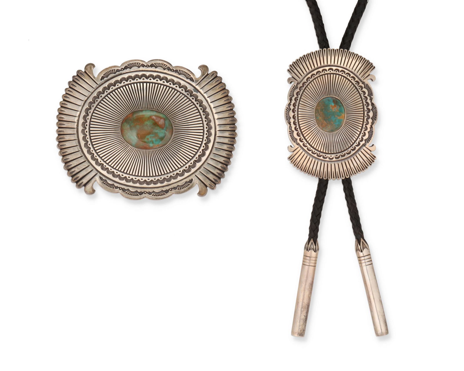 A Sammie Kescoli Begay Navajo silver bolo and buckle: 20th Century, Dine Each stamped: S. Kescoli / Sterling; Bolo further stamped: Navajo Comprised of a heavy silver stamped bolo set with a slightly oval turquoise stone, finished with cylindrical tips