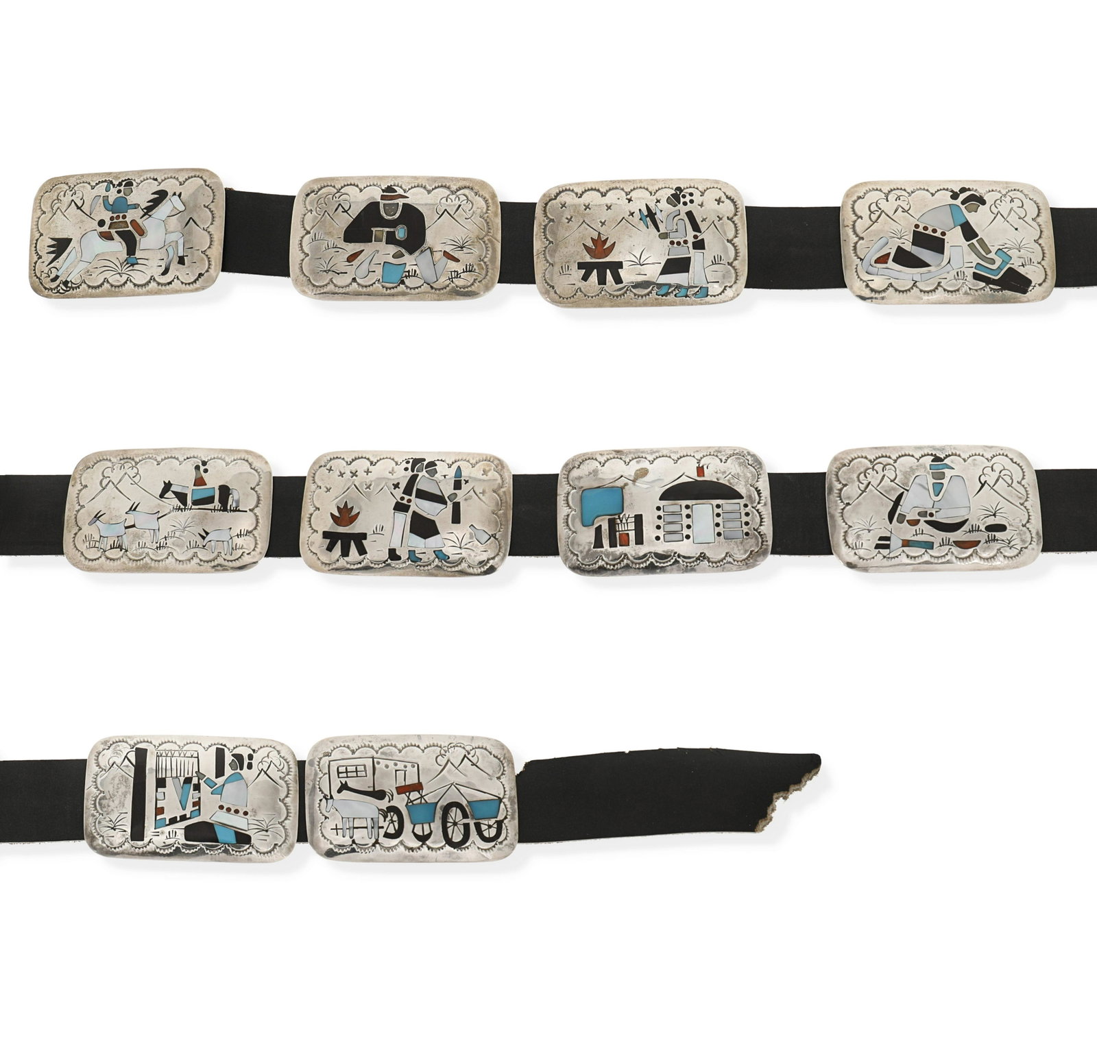 A Navajo Benjamin Becenti concho belt: Fourth-Quarter 20th Century Stamped: BB Designed with eight rectangular conchos and a buckle depicting scenes of everyday life inlaid with mother-of-pearl, coral, onyx, and turquoise 42.25" L x 1.825"