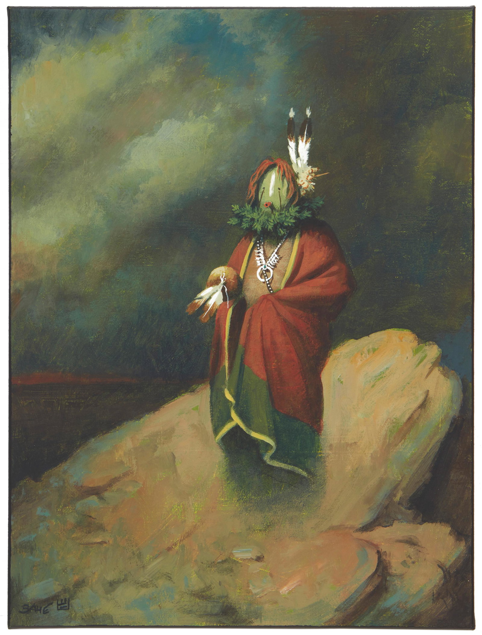 Allen Bahe (b. 1959, Dine): "Devoted to Mother Earth, Father Sky (Navajo Yei)" Acrylic on canvas Signed lower left: Bahe [with the artist's device]; signed again and titled verso 16" H x 12" W