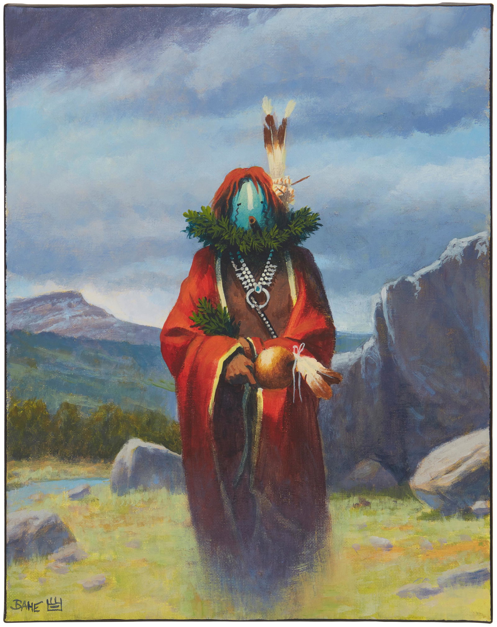 Allen Bahe (b. 1959, Dine): "Mountain Yei (Navajo Yei)" Acrylic on canvas Signed lower left: Bahe [with the artist's device]; signed again and titled verso 14" H x 11" W