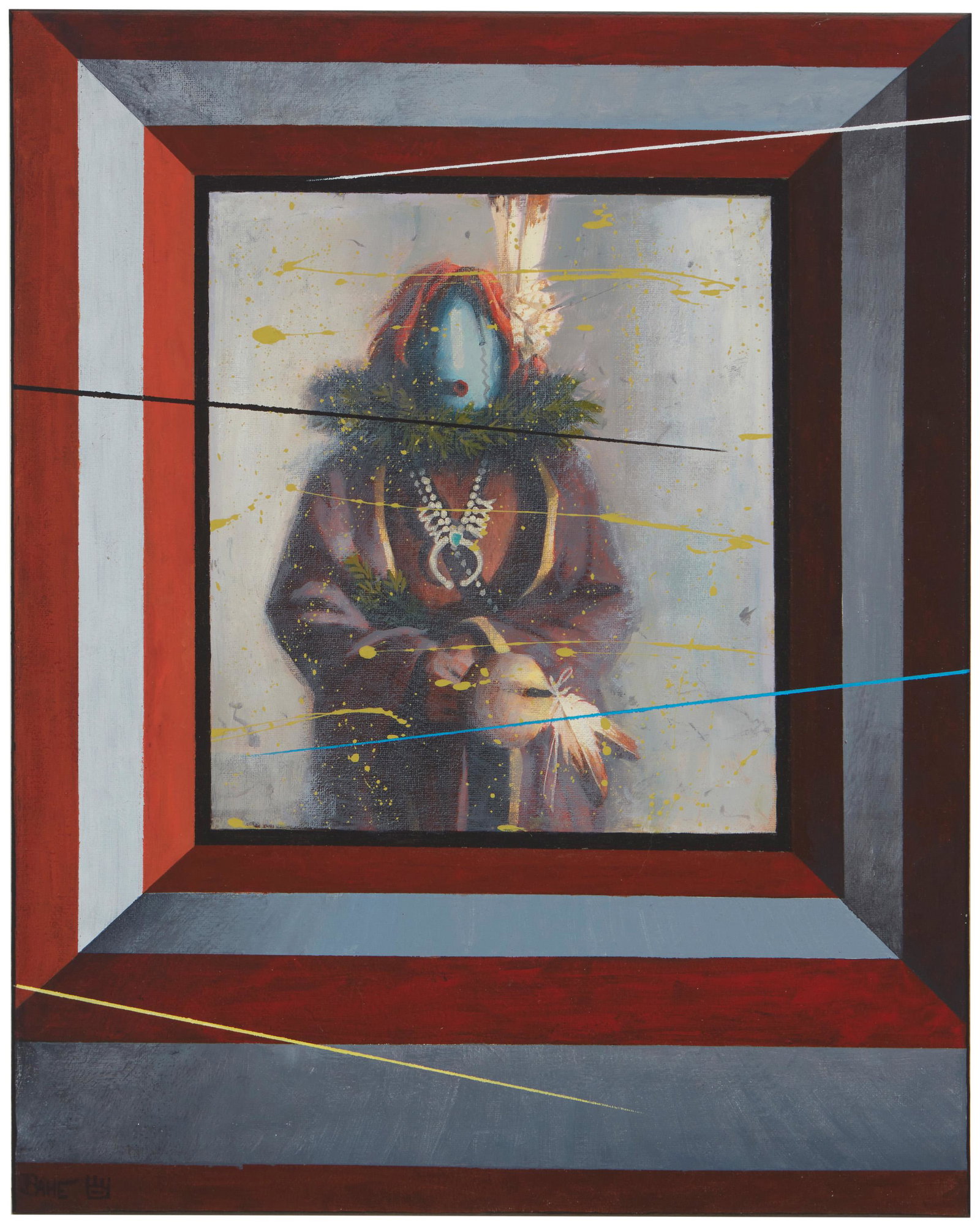 Allen Bahe (b. 1959, Dine): "Yei at the Window (Navajo)" Acrylic on canvas Signed lower left: Bahe [with the artist's device]; signed again, titled and inscribed verso: The four streaks are 4 sacred colors of the Navajo also bal