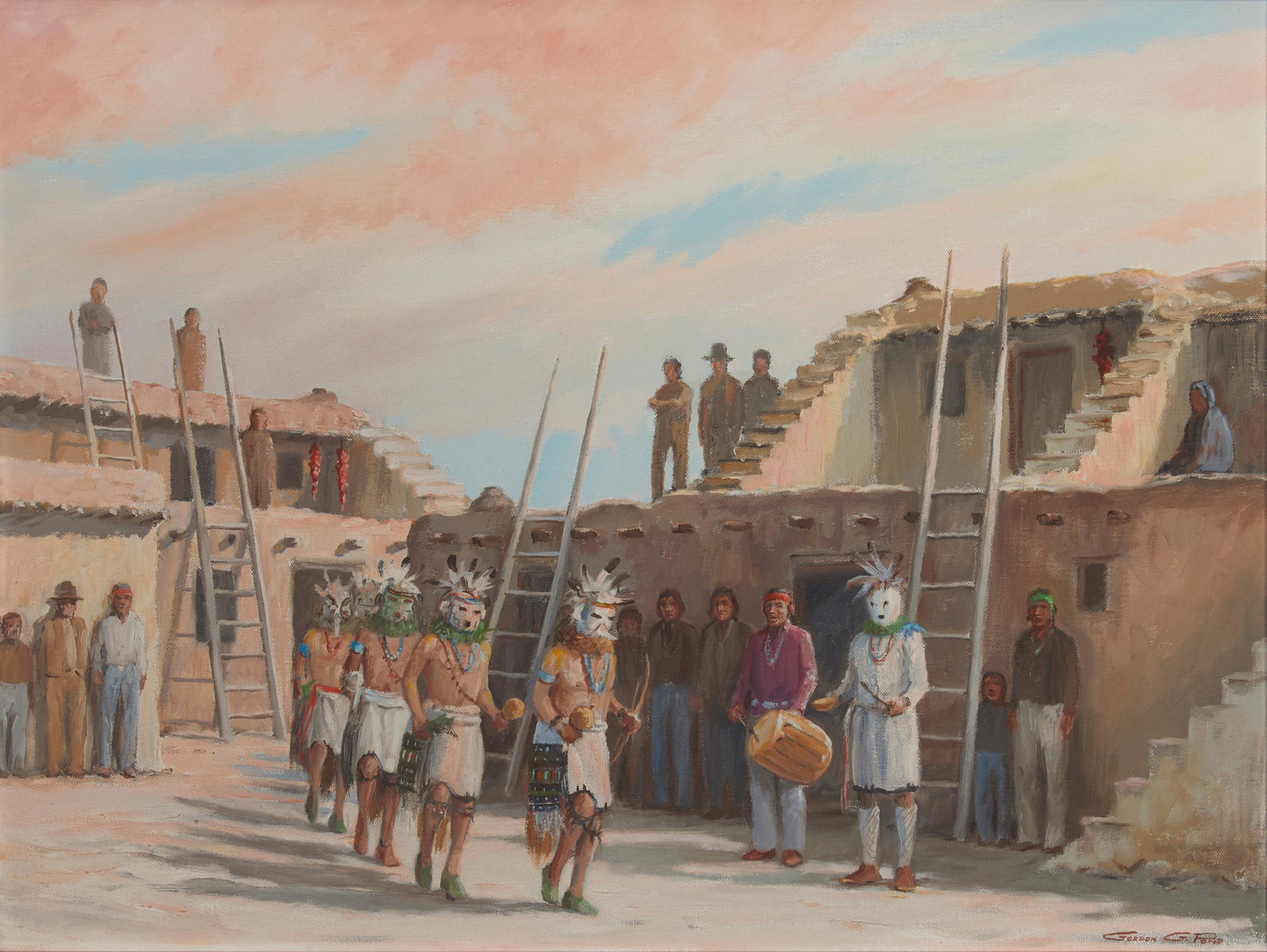 Gordon G. Pond (1920-2001, American): "Kachinas Appear," 1993 Oil on canvas Signed lower right: Gordon G. Pond; signed again, titled, dated and inscribed verso: Yapa and Rugans 18" H x 24" W