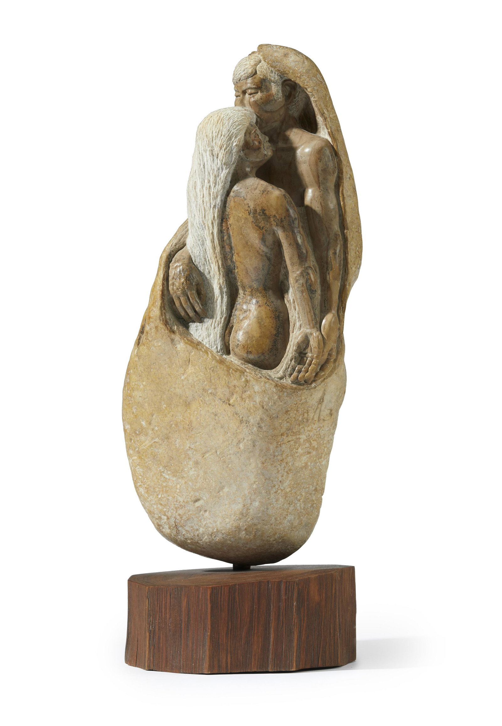 A marble figural sculpture of an embracing couple: 1979 Marked: 3 / [inverted V] / 3 / 4-4-1979 Carved marble on wood base 15.75" H x 7" W x 4.5" D