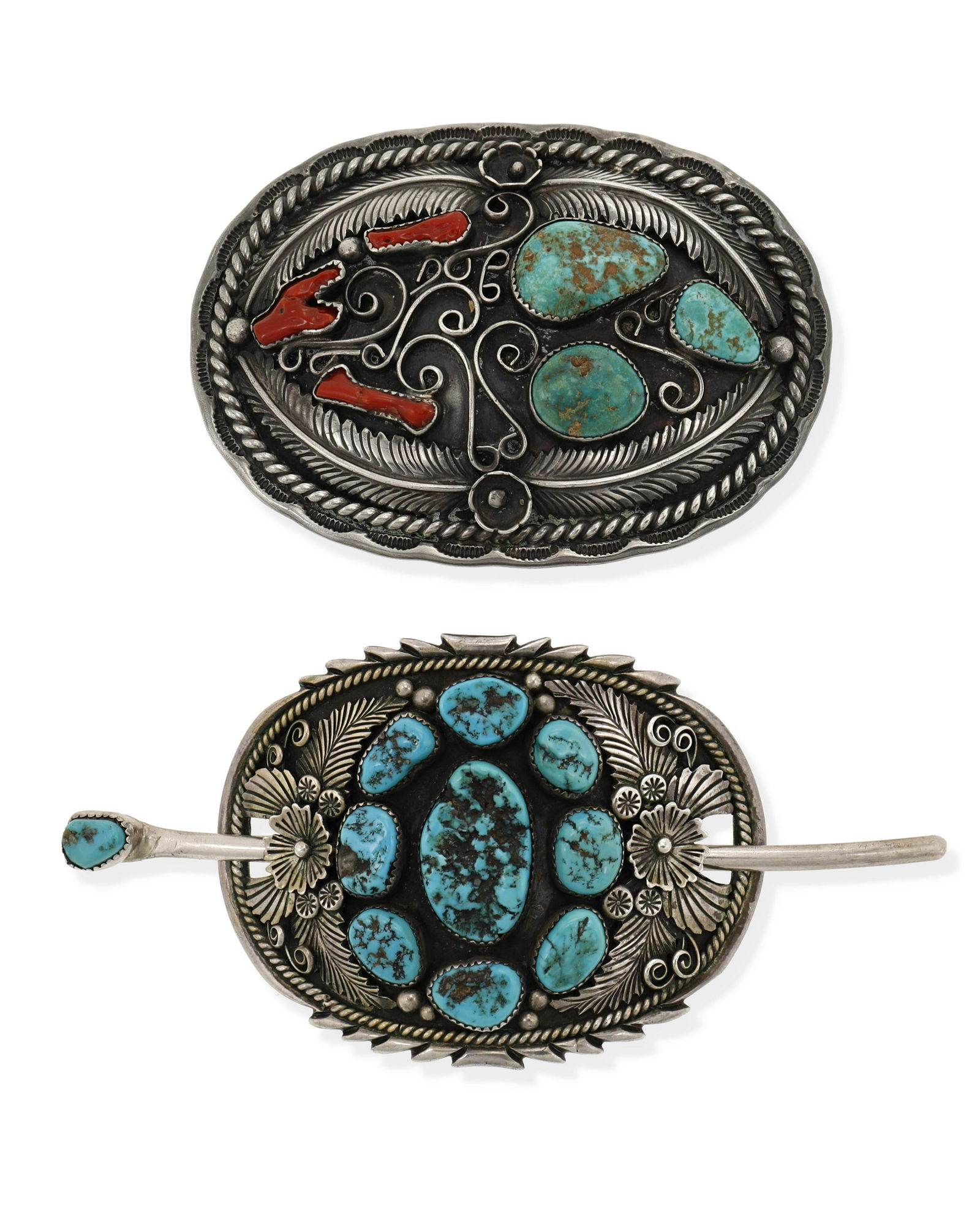 A Navajo turquoise and coral belt buckle and hair slide (1 of 2)