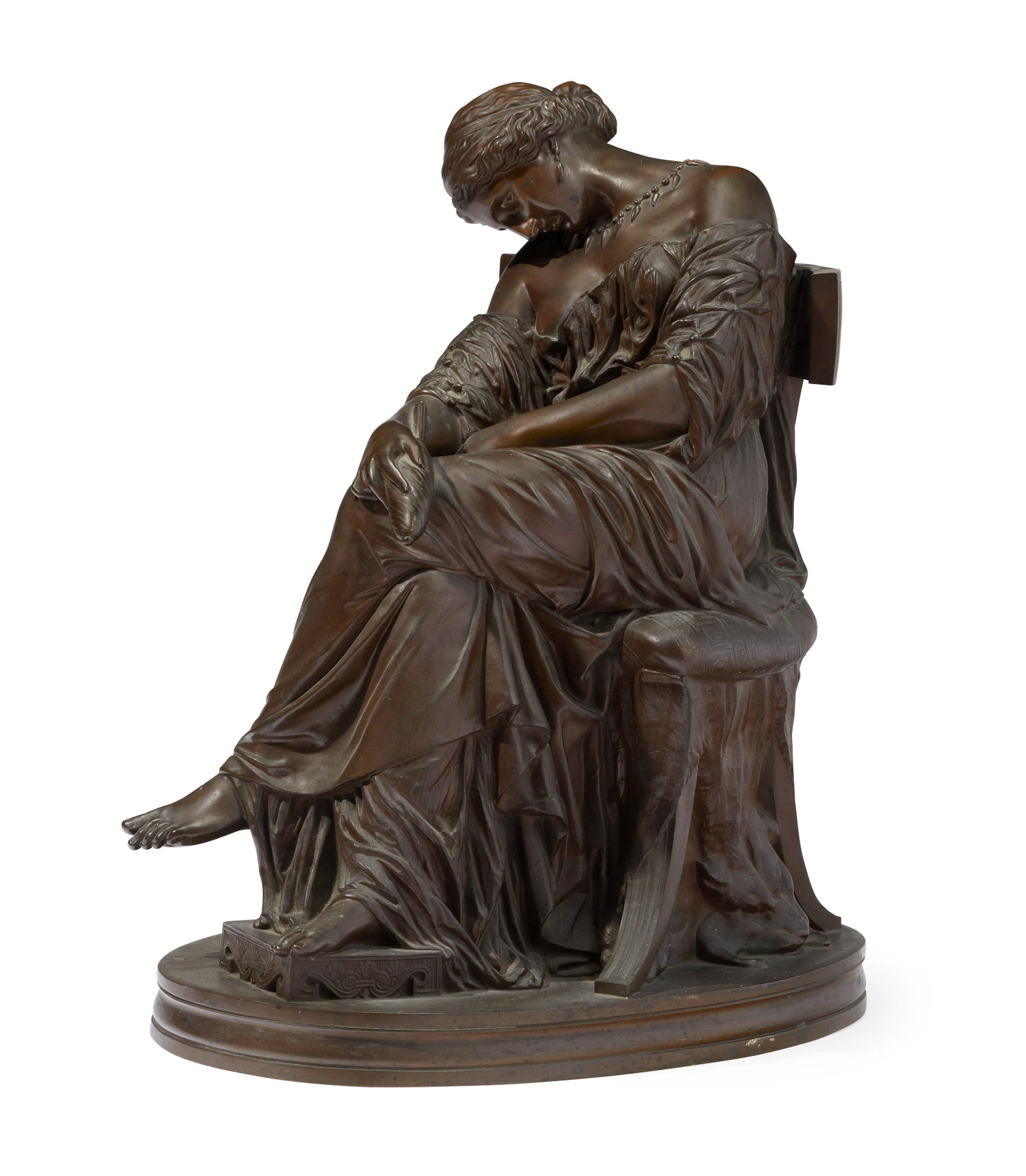 Pierre-Jules Cavelier (1814-1894 France): "Sleeping Penelope" Patinated bronze Impressed with mark for J. Cavelier and foundry mark for A. Collas; Further marked: F. Barbedienne Fondeur 24.5" H x 12" W x 22" D
