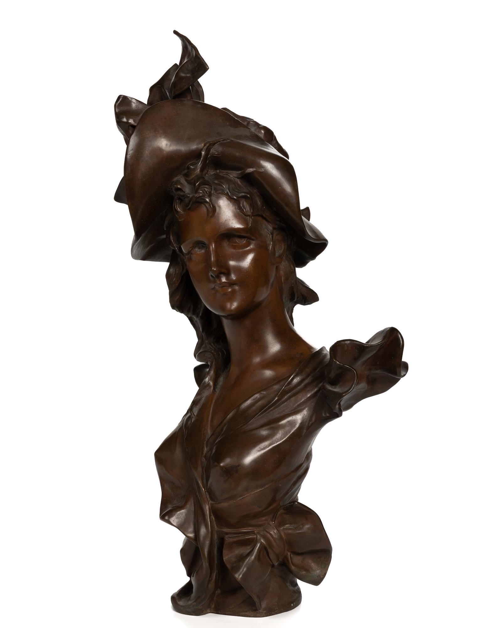 Anton Nelson (1880-1910, American): Bust of a woman, retailed by Tiffany & Co. Patinated bronze Singed: Ant Nelson [with cipher]; further stamped with partial Tiffany & Co. mark 28" H x 16" W x 11" D