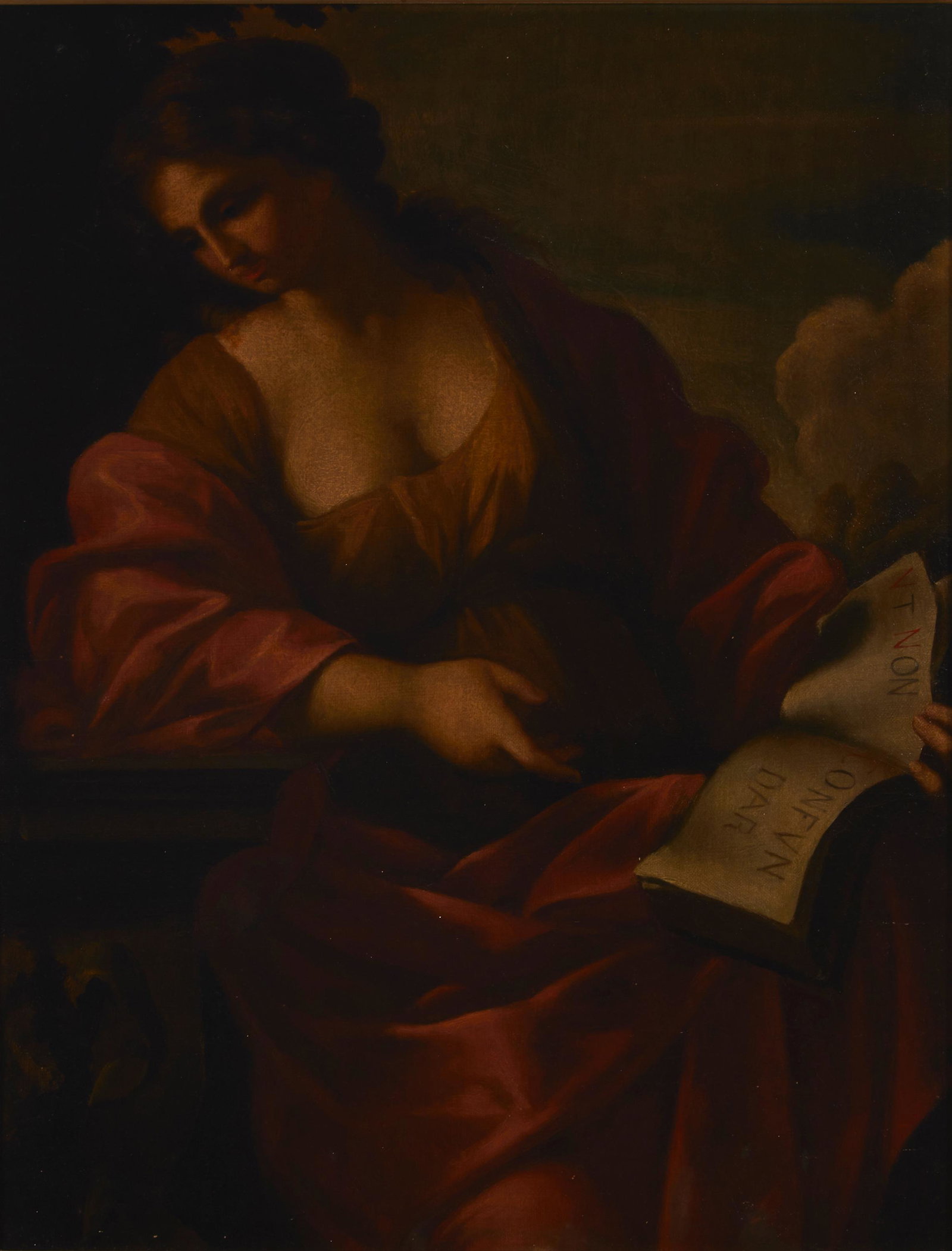 19th Century European School: "Sibyl Holding a Book," after Giovanni Francesco Romanelli Oil on canvas Appears unsigned 20" H x 15.5" W