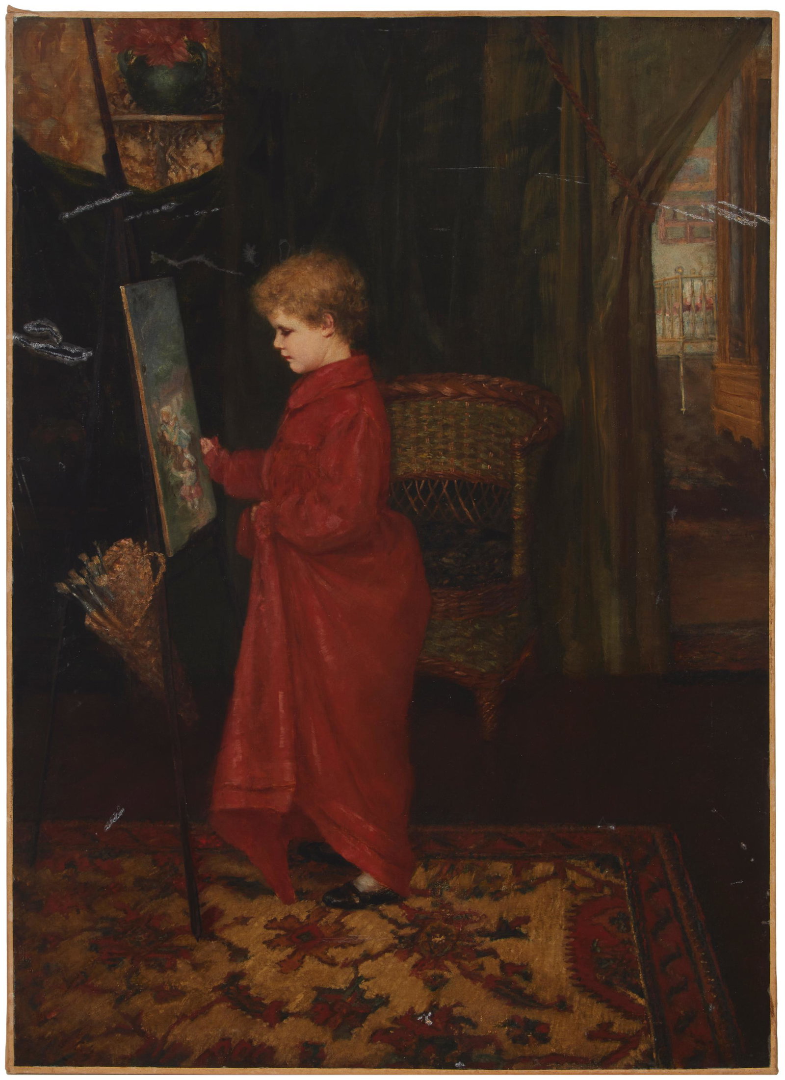 Late 19th Century English School: Young child at an easel in a red gown Oil on canvas laid to canvas Appears unsigned 29.25" H x 21.25" W