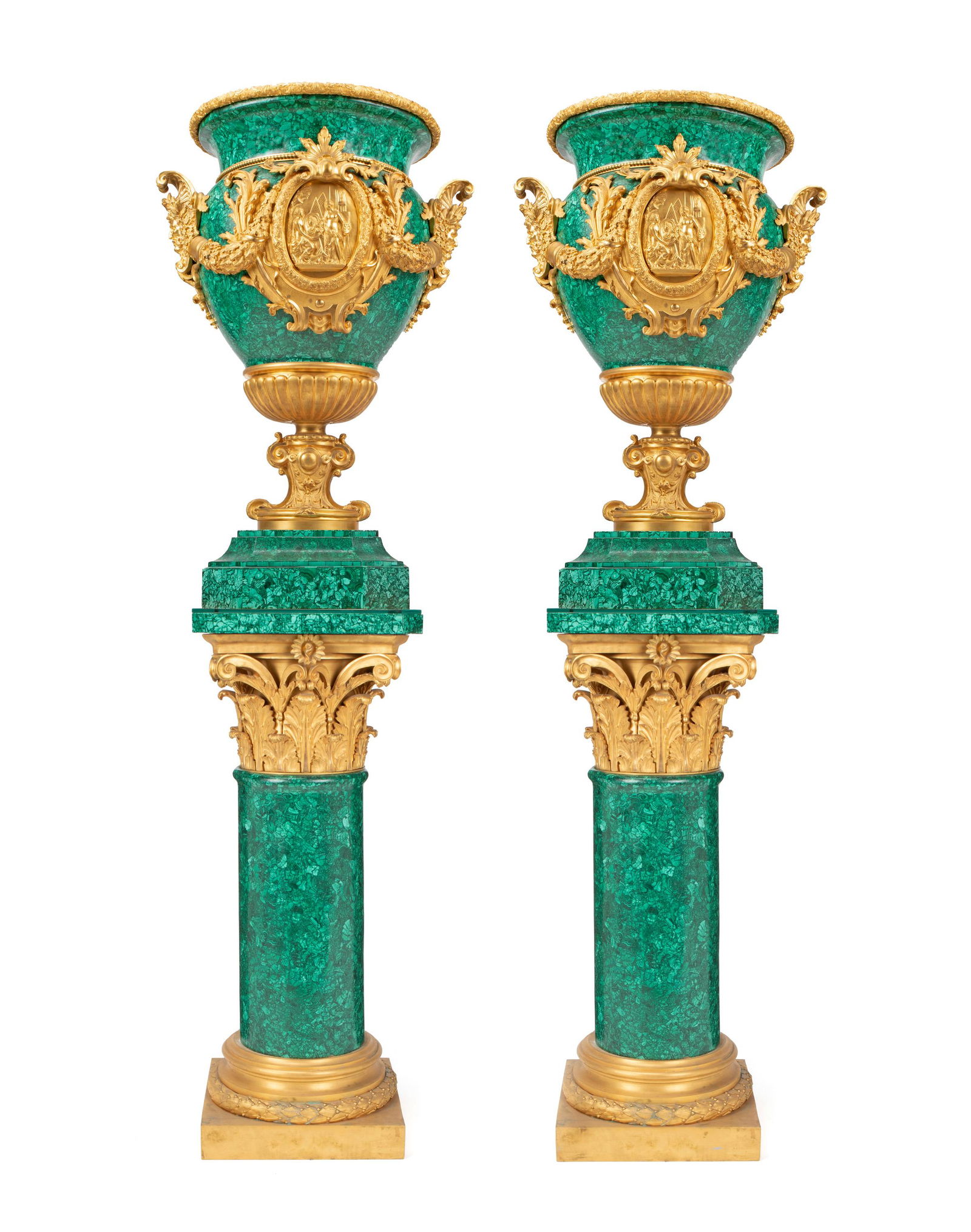 A pair of Continental monumental malachite urns on (1 of 4)