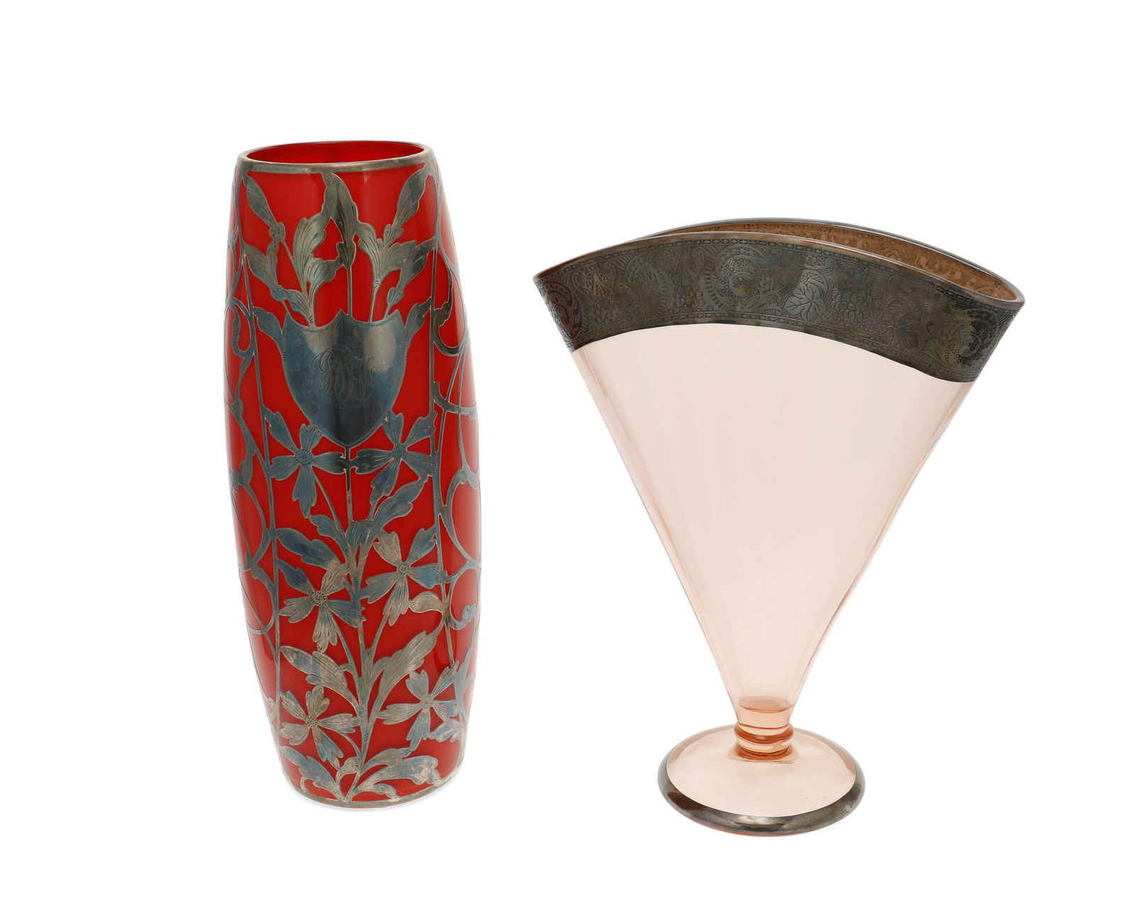 Two sterling silver overlay art glass vases (1 of 2)