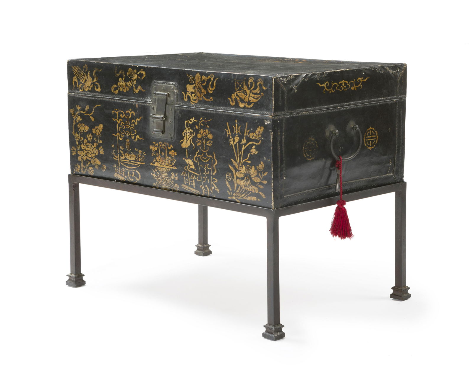 A Chinese black lacquered leather trunk on stand (1 of 2)