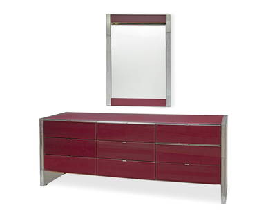 An Ello Furniture Co. chrome and glass chest of drawers: Circa 1981 The nine-drawer rectangular dresser with plum-colored laminated glass top and fronted drawers fitted with chrome trim and tab pulls, supported on chrome slab sides, accompanied by a confor