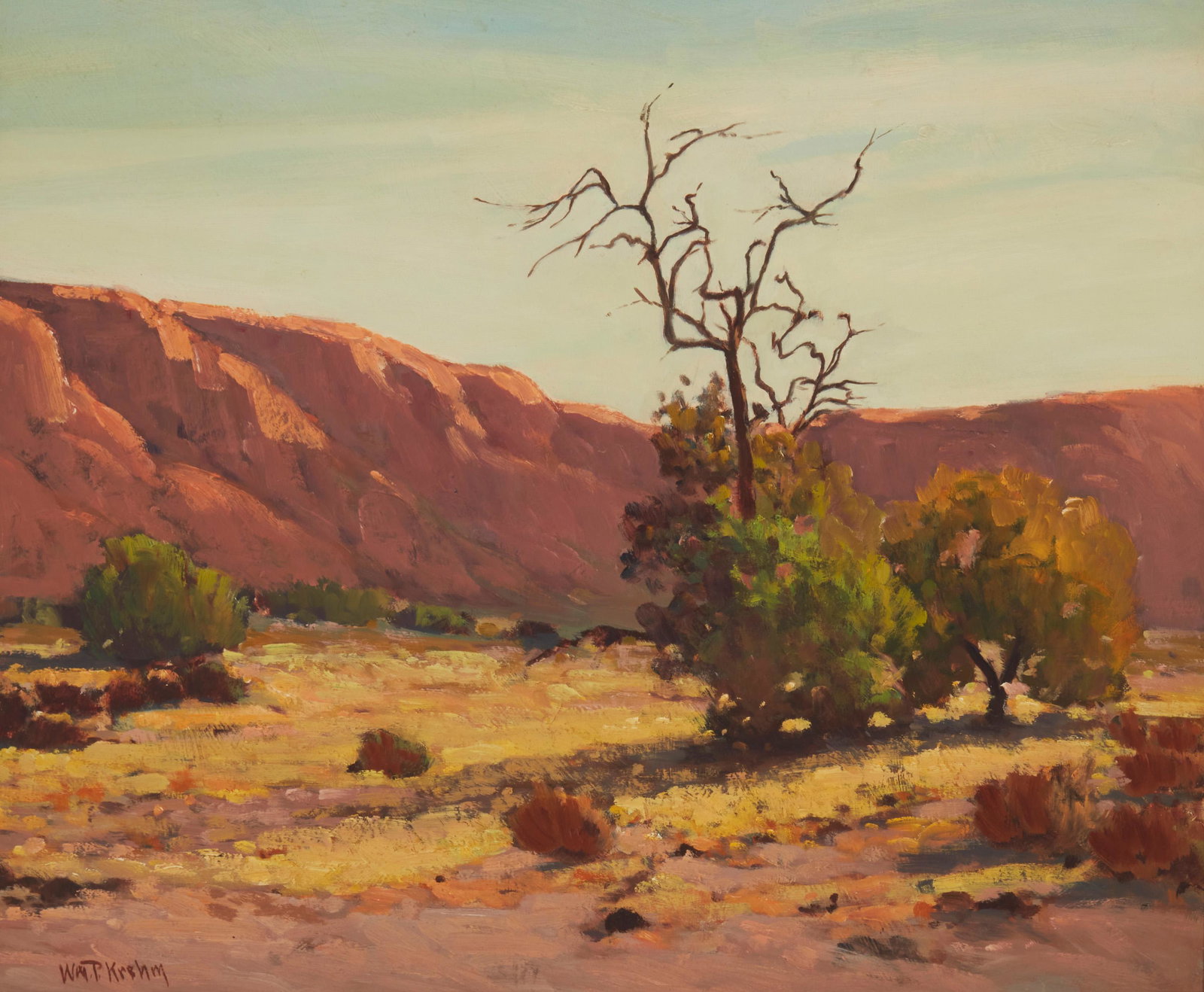 William P. Krehm (1901-1968, Banning, CA): "Iron Wood Tree, Hope, Arizona," 1944 Oil on board Signed lower left: Wm. P. Krehm; titled and dated verso 20" H x 24" W
