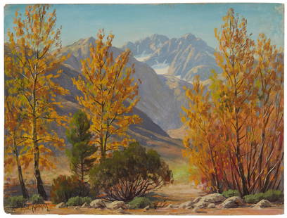 Paul Grimm (1891-1974, Palm Springs, CA): "Valley Sycamores" Oil on canvas board laid to board Signed lower left: Paul Grimm; titled on a label affixed verso 12.125" H x 16.125" W