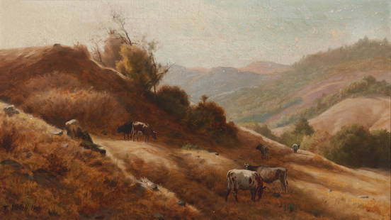 Thaddeus Welch (1844-1919, Santa Barbara, CA): Cows grazing in a rolling hills landscape, 1904 Oil on canvas Signed and dated lower left: T. Welch 14" H x 24" W