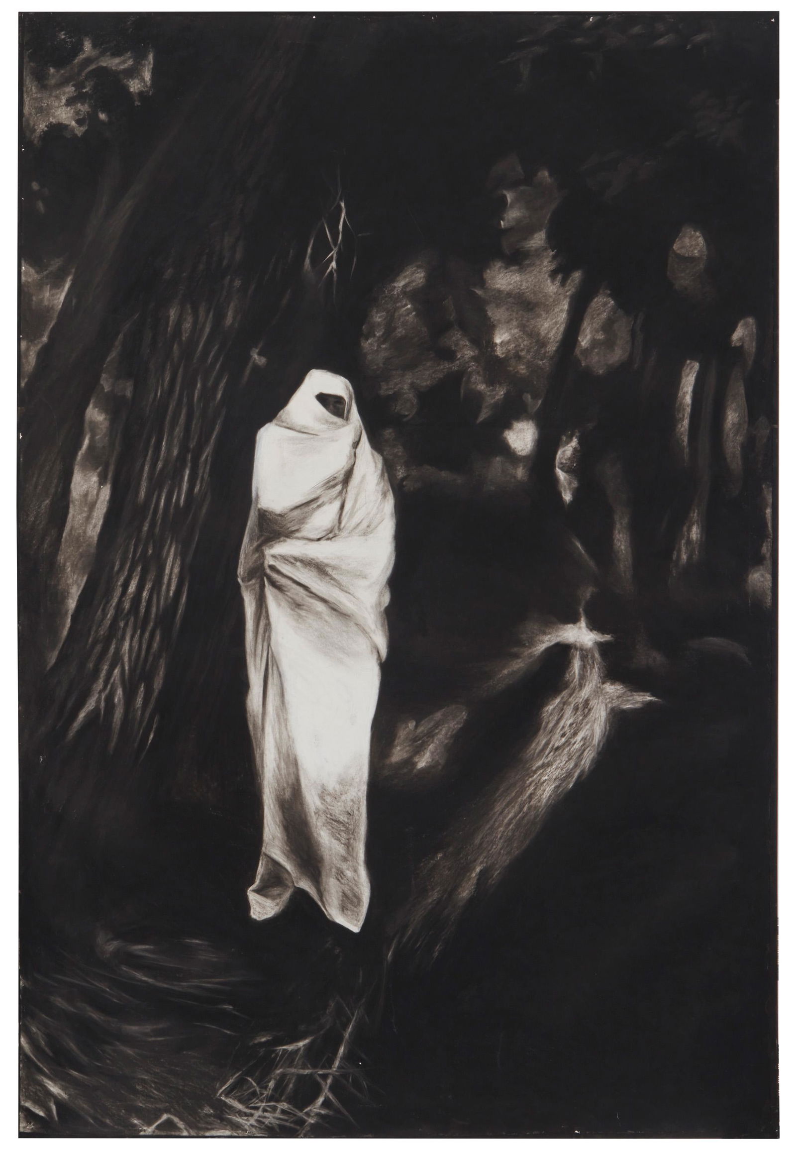 Michele Zalopany (b. 1955, New York, NY): "Fatima waiting in the Black Forest," 1985 Charcoal and pastel on paper laid to canvas Signed and dated lower right: Michele Zalopany 90.25" H x 60.75" W Provenance: Palm Springs Desert Museum, P