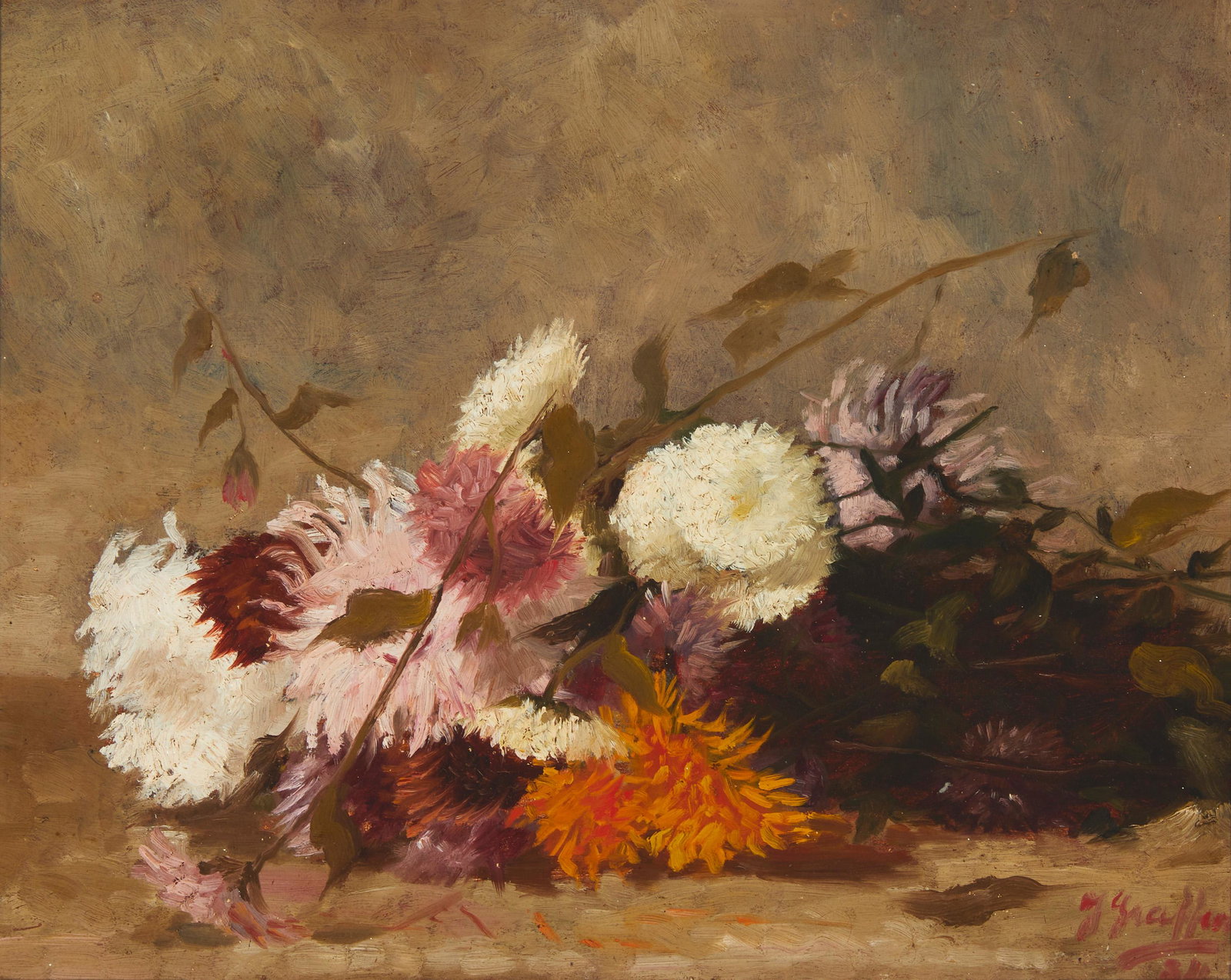 Continental School (Late 19th Century): Chrysanthemum still life, 1884 Oil on panel Indistinctly signed and dated lower right 11" H x 13.75" W