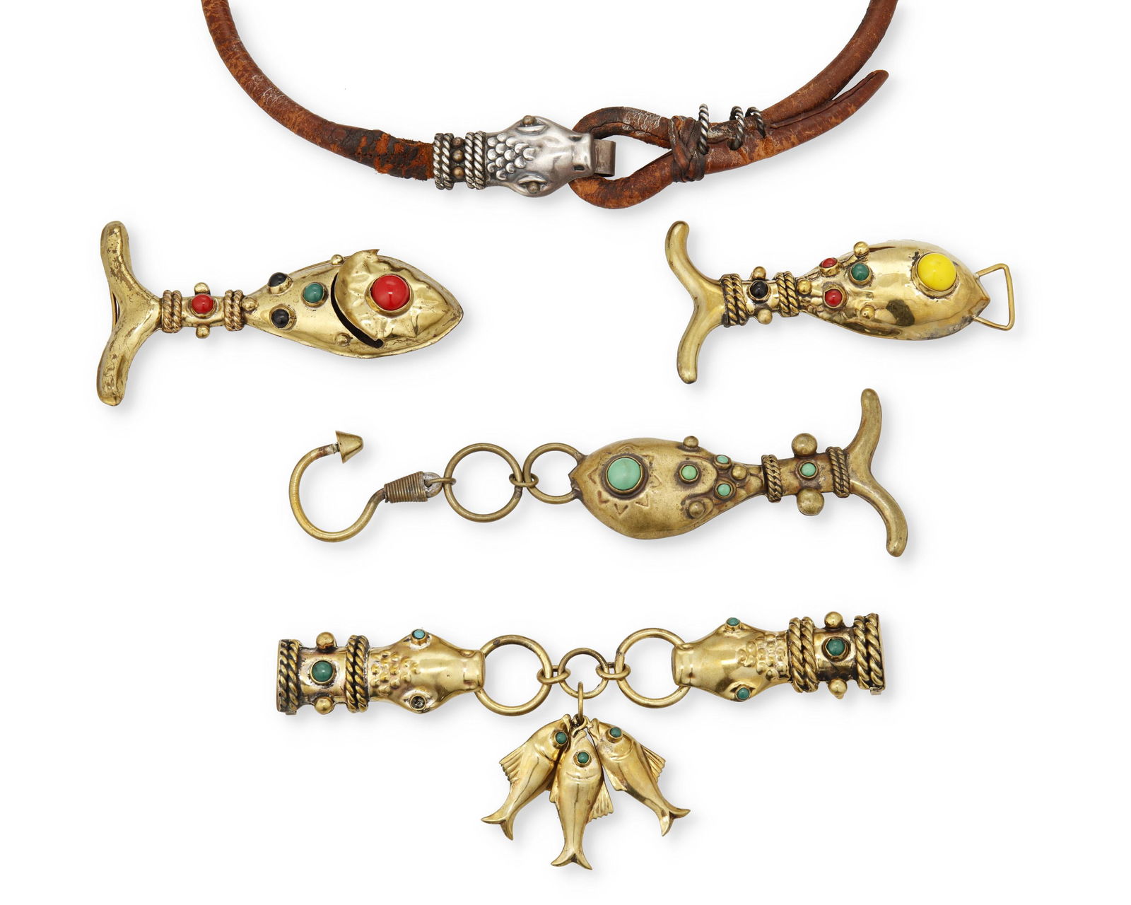 A group of Hubert Harmon mixed-metal accessories: 1942-1948; Taxco Mexico Most stamped for Hubert Harmon; Further variously stamped: Mexico / Sterling / Handmade Comprising a leather belt or necklace with silver serpent head hook clasp (clasp: 1.25