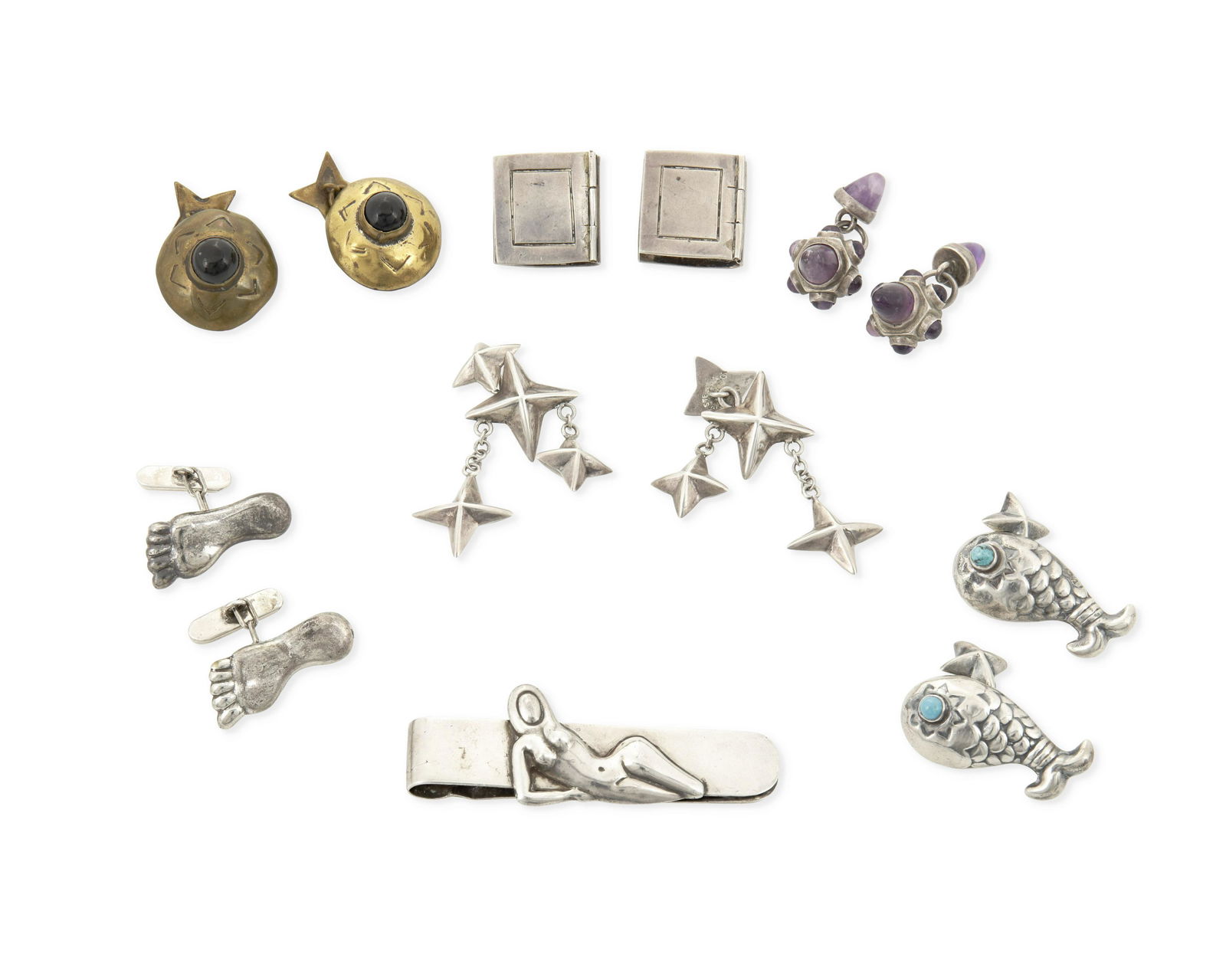 A group of Hubert Harmon cuff links with silver: 1942-1948; Taxco and Mexico City, Mexico Each stamped for Hubert Harmon; Most further stamped: Sterling / Made in Mexico; Foot set further stamped: Hubertus / Taxco; Brass set stamped with winged fee