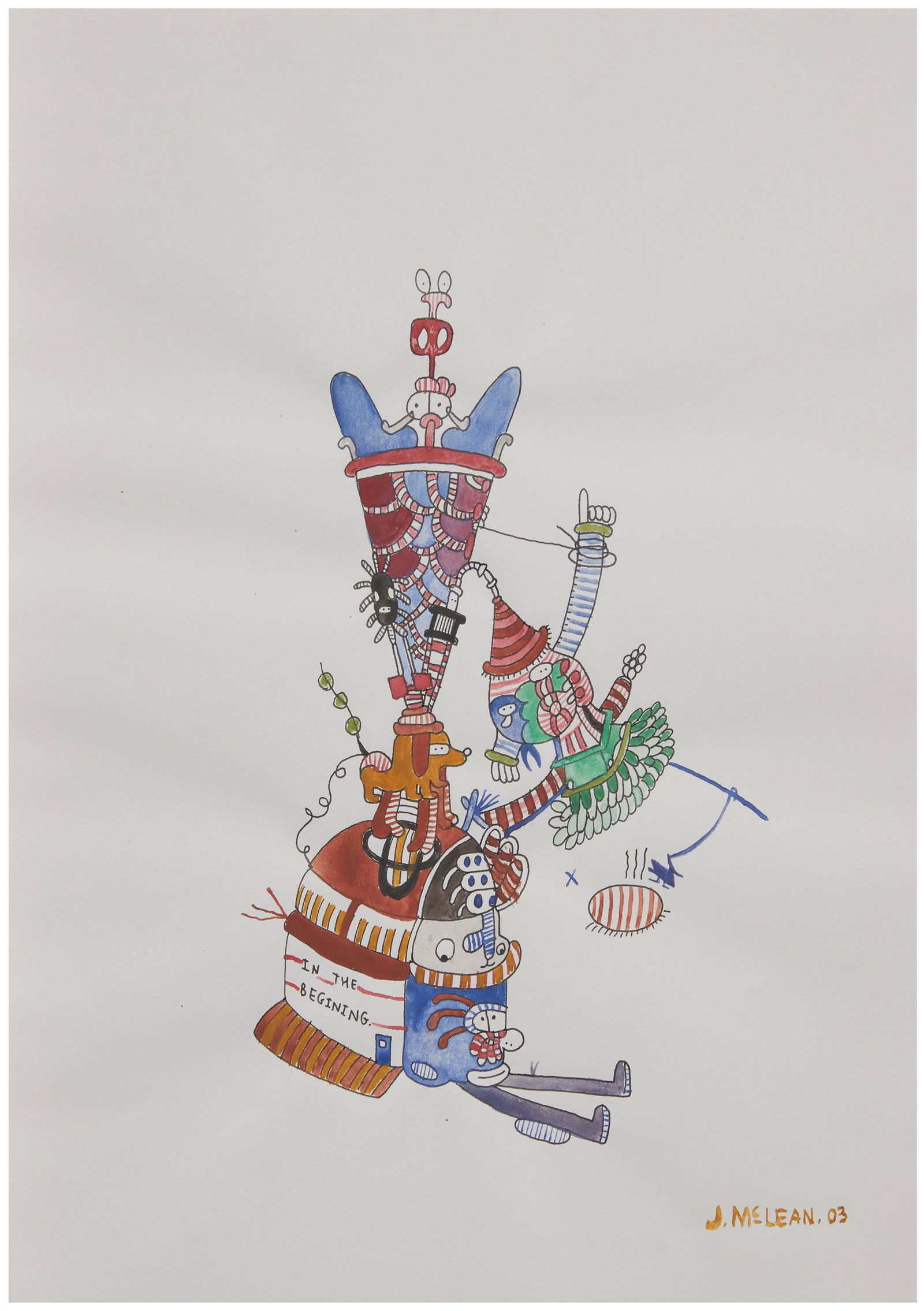 Jason McLean (b. 1971, Canadian): "In the Begining [sic]," 2003 Ink and watercolor on paper Signed and dated lower right: J. McLean; titled lower center and again verso 12" H x 8.5" W Provenance: Richard Heller Gallery, Santa Mon