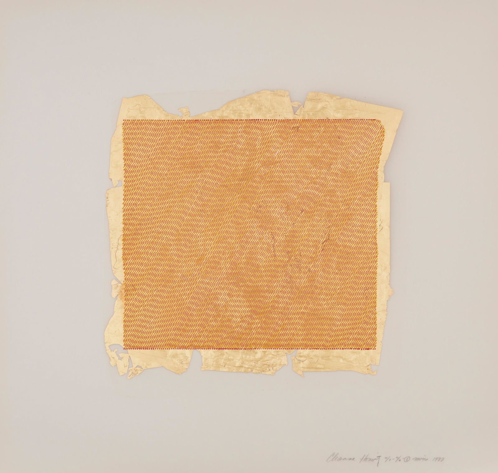 Channa Horwitz (1932-2013, American): "4/7-4/6 - 5, moire," 1987 Casein and gold leaf on mylar under glass Signed, dated, and numbered lower right: Channa Horowitz Image: 9.25" H x 9.25" W; Sheet: 16.25" H x 17" W Provenance: Corpora