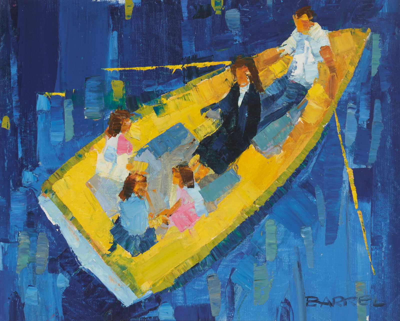 Italo George Botti (1923-2003, American): Young family in a row boat Oil on canvas Signed lower right: Barrel 24" H x 30" W Notes: Italo George Botti sometimes called himself George Barrel. He was known to have signed his artworks both ways.