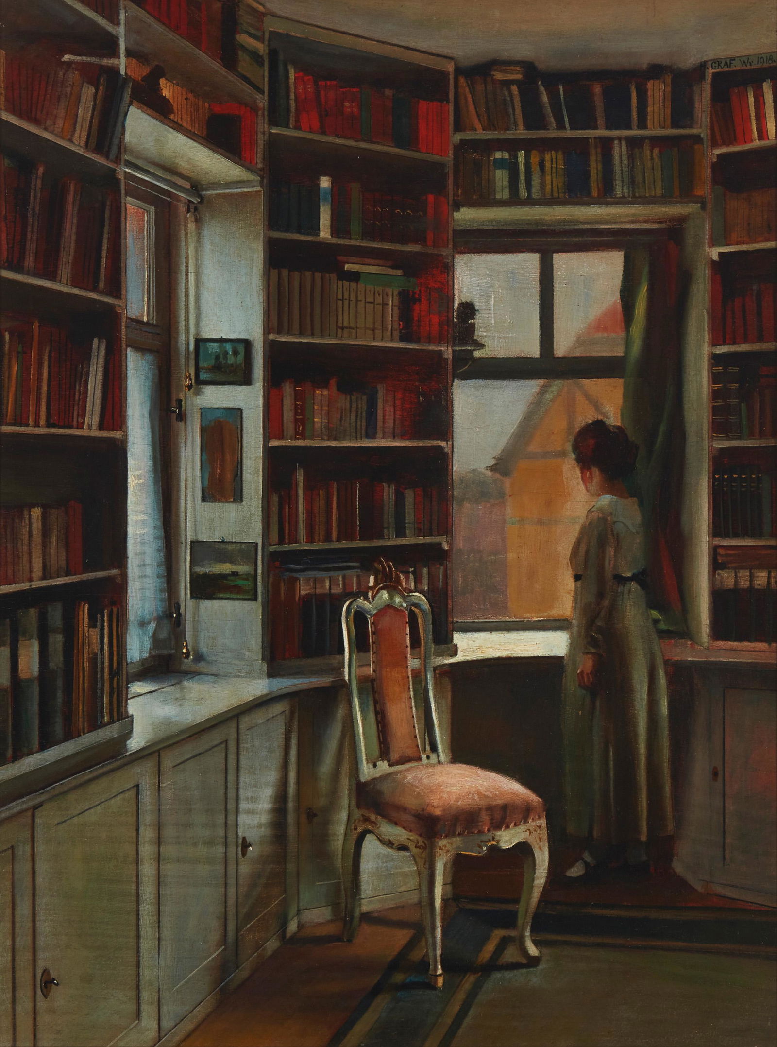 Hermann Graf (1873-1940, Germany): Figure in a library, 1918 Oil on panel Signed and dated upper right: Graf. W. Sight: 23.25" H x 17.5" W Provenance: Property from an important La Canada Flintridge estate