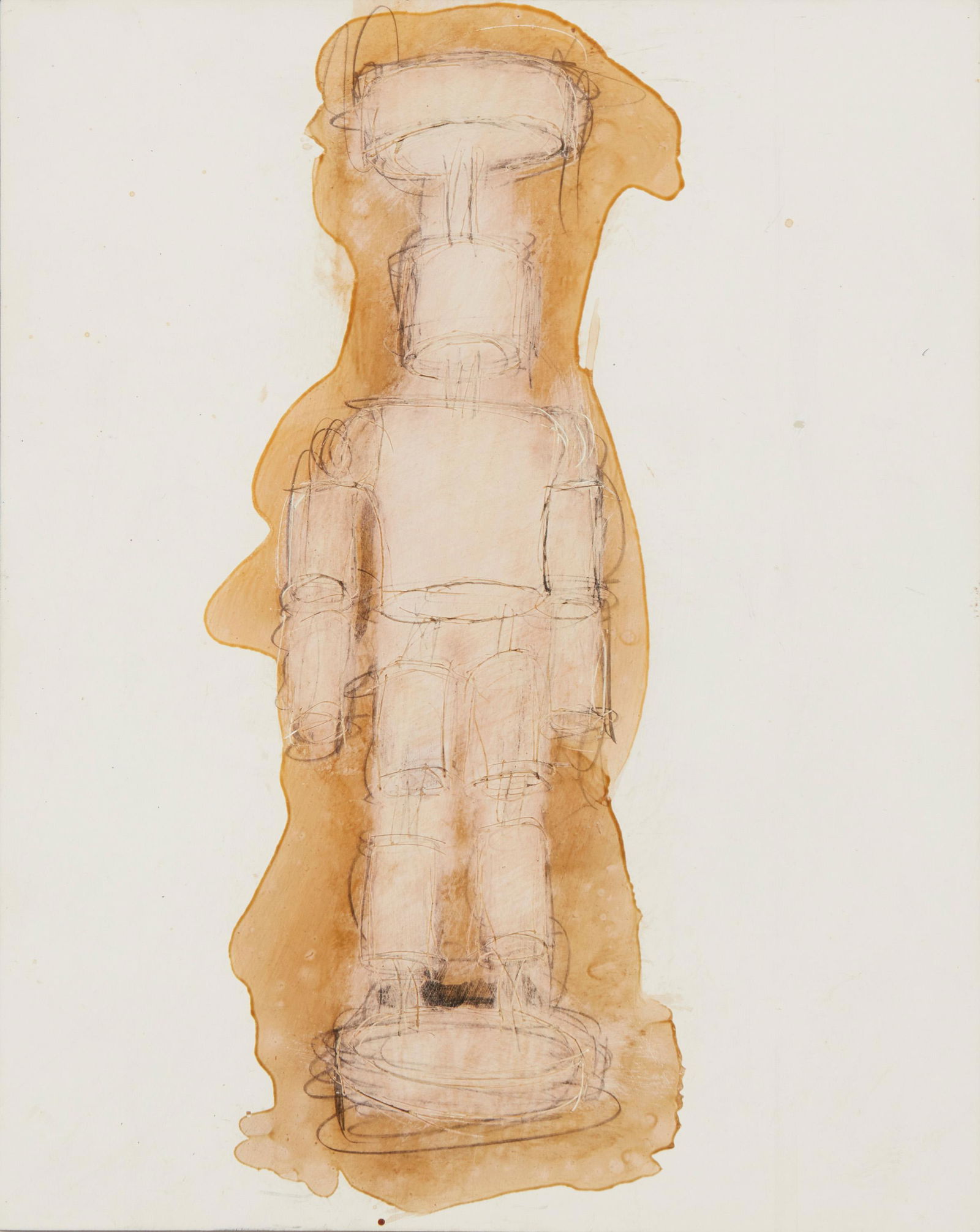 Tom Otterness (b. 1952, American): "Suspended Figure," 1995 Pencil and ink on clay, Masonite, and wood Unsigned; titled, dated and with an artist/gallery inventory number TO-95-SR-187 on a gallery label affixed verso 10" H x 8" W
