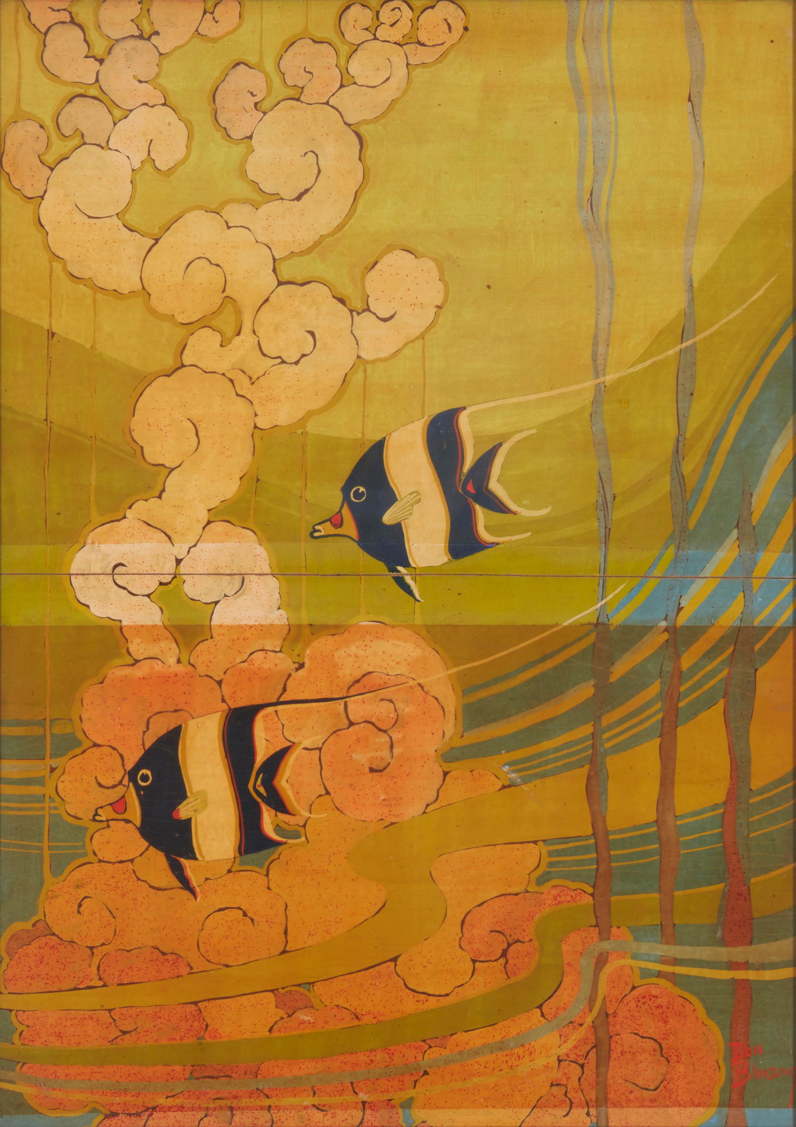 Donald Benson Blanding (1894-1957, American): Fish Mixed media on two boards under glass Signed lower right: Don Blanding 23.5" H x 17" W