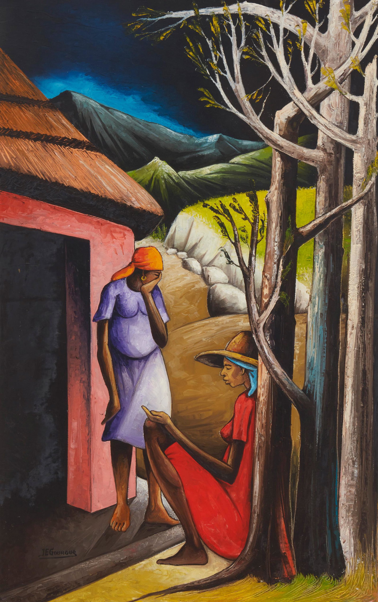 Jacques-Enguerrand Gourgue (1930-1996, Haitian): Haitian women in a rural village Oil on canvas Signed lower left: J E Gourgue 38" H x 24" W