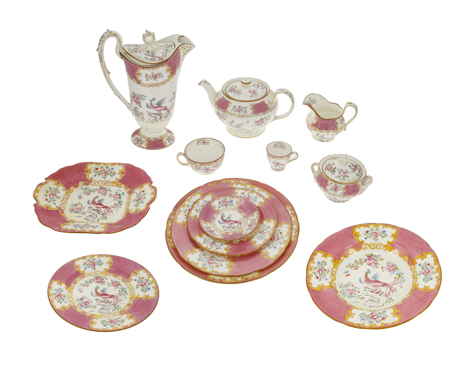 A Mintons pink "Cockatrice" porcelain partial dinner service (1 of 2)